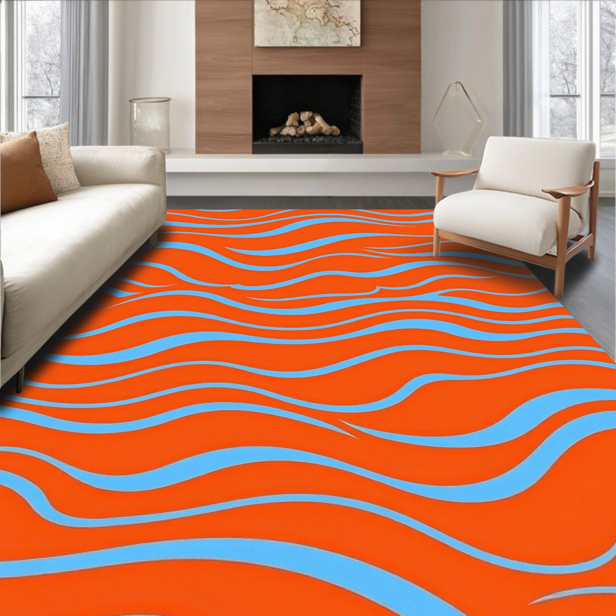 Fluid Blue Waves On Orange Field Rug