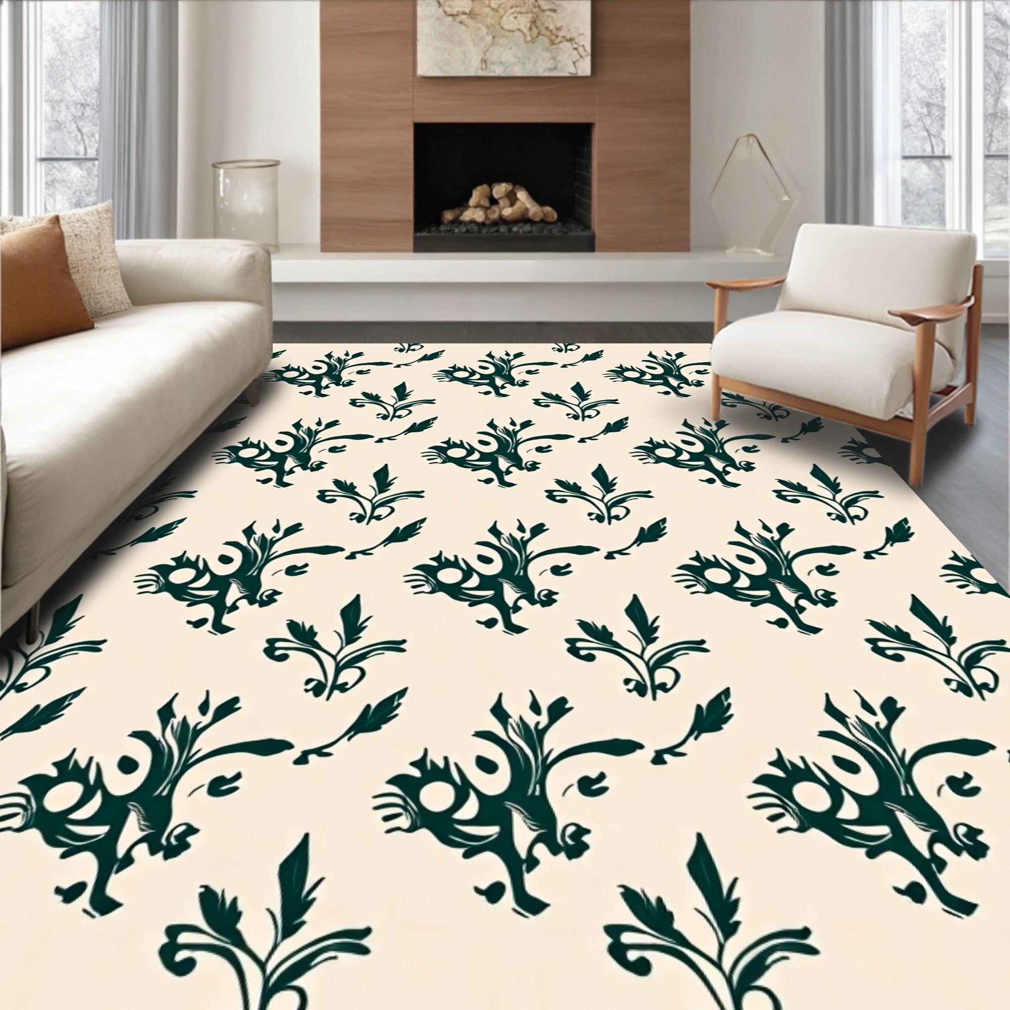 Dark Teal Floral Acanthus Scroll Rug