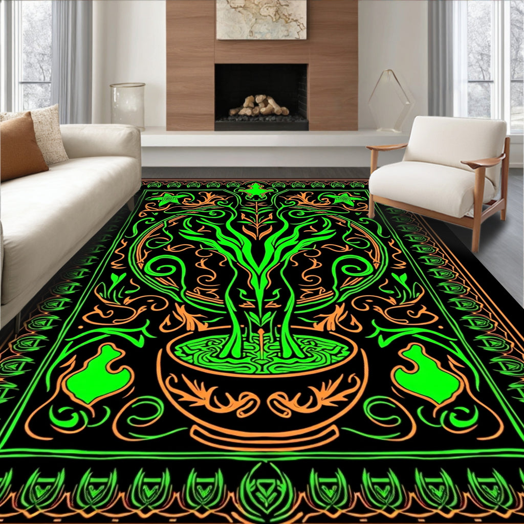 Neon Green Orange Floral Scroll Design Rug