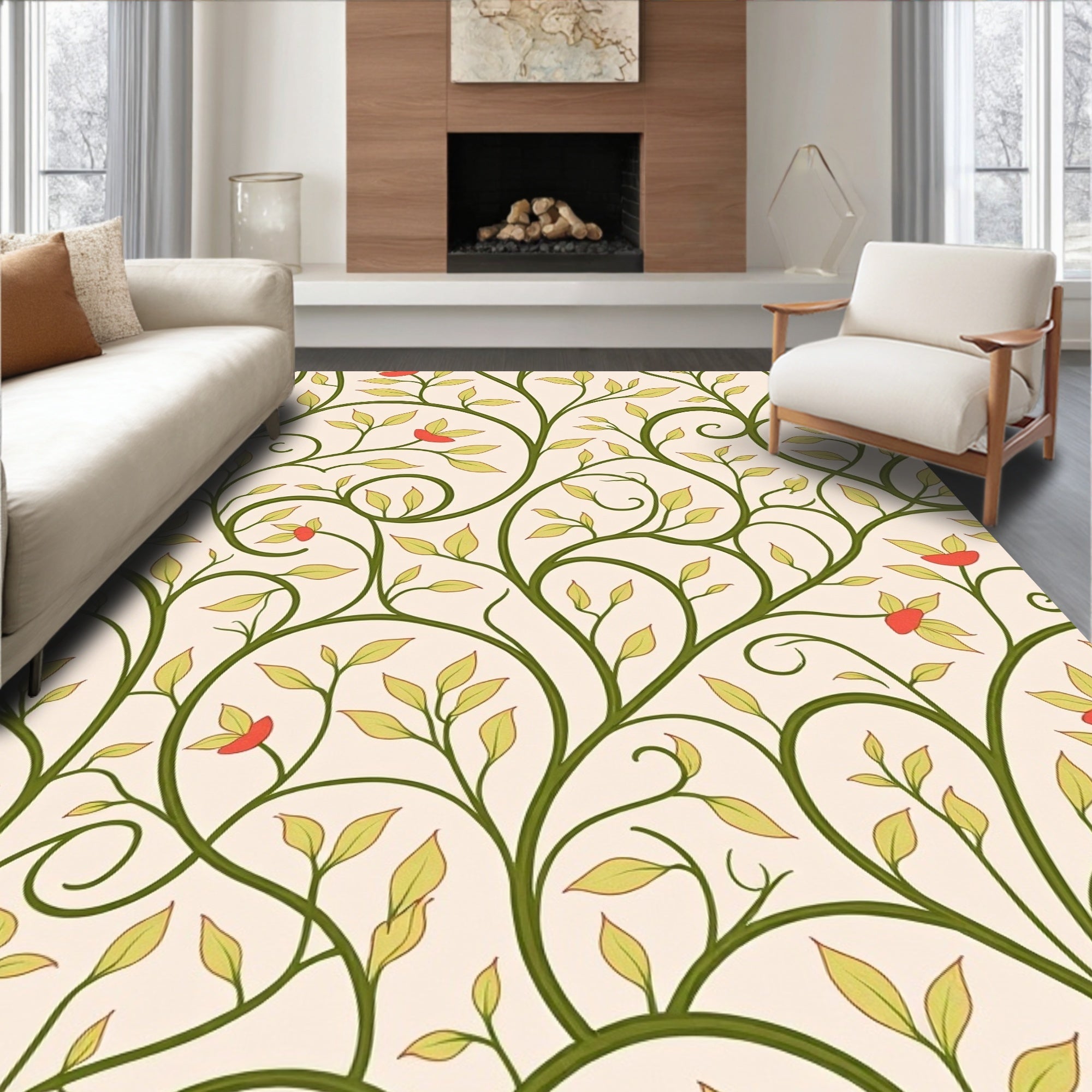 Green Vine And Red Bloom Pattern Rug