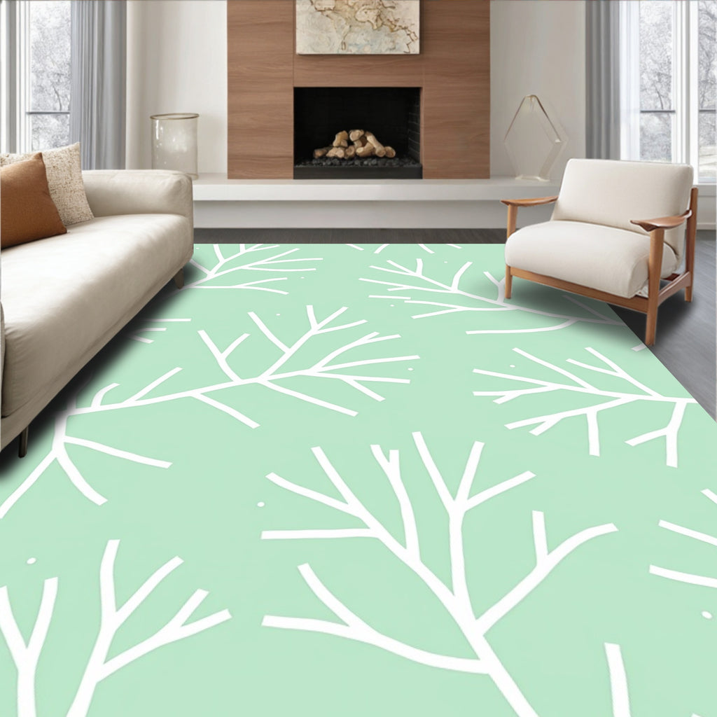 White Branch Pattern On Light Green Rug