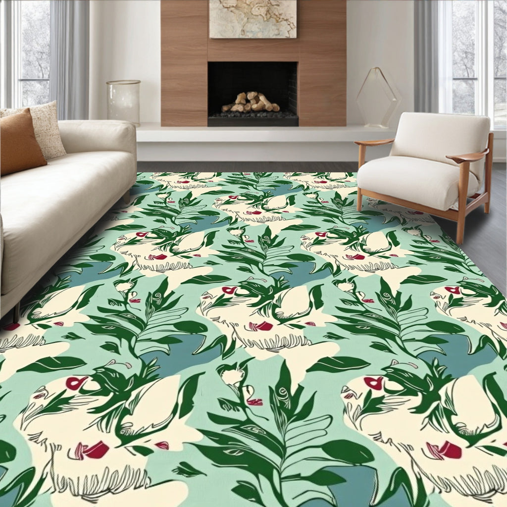 Botanical Sketch Cat Pattern Design Rug