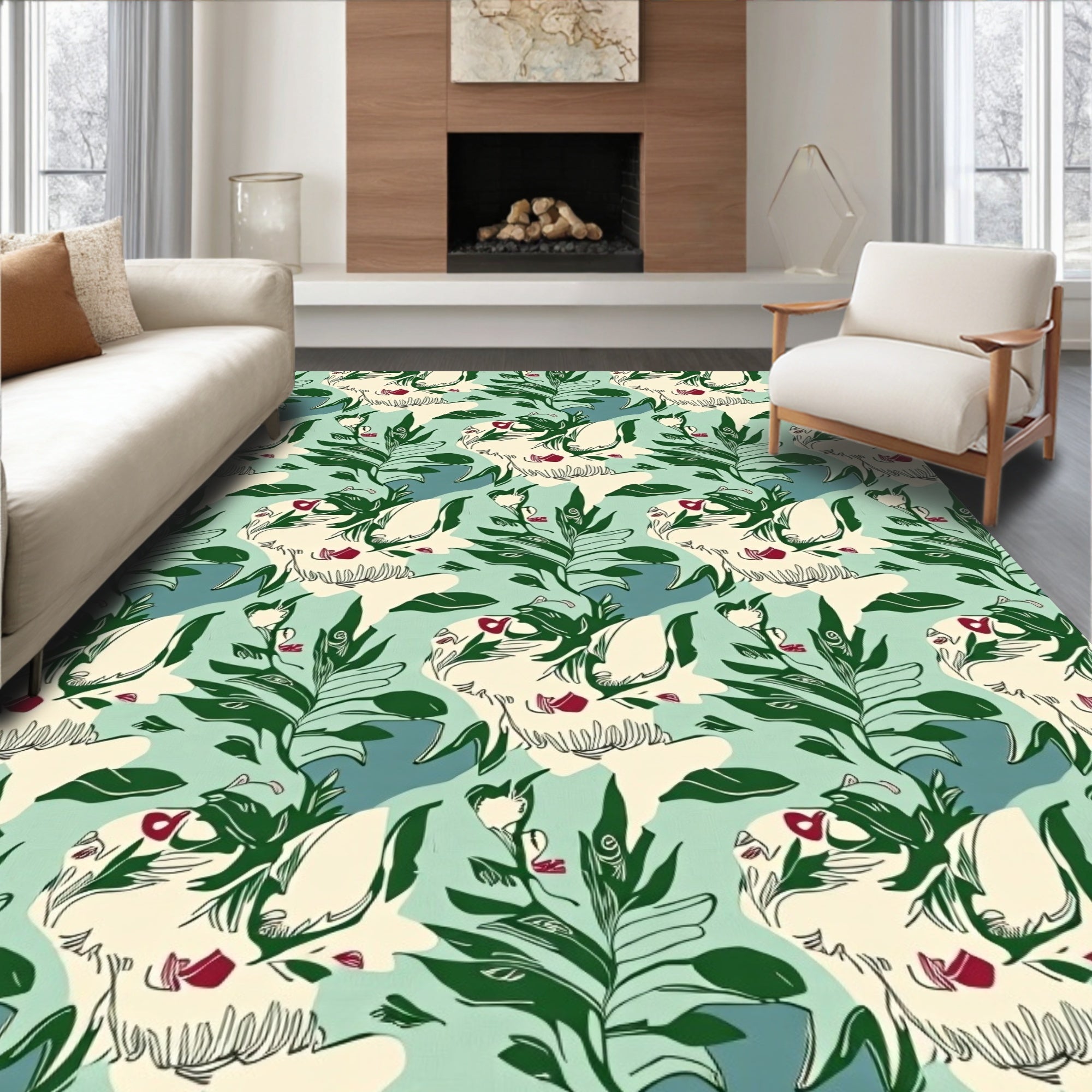 Botanical Sketch Cat Pattern Design Rug