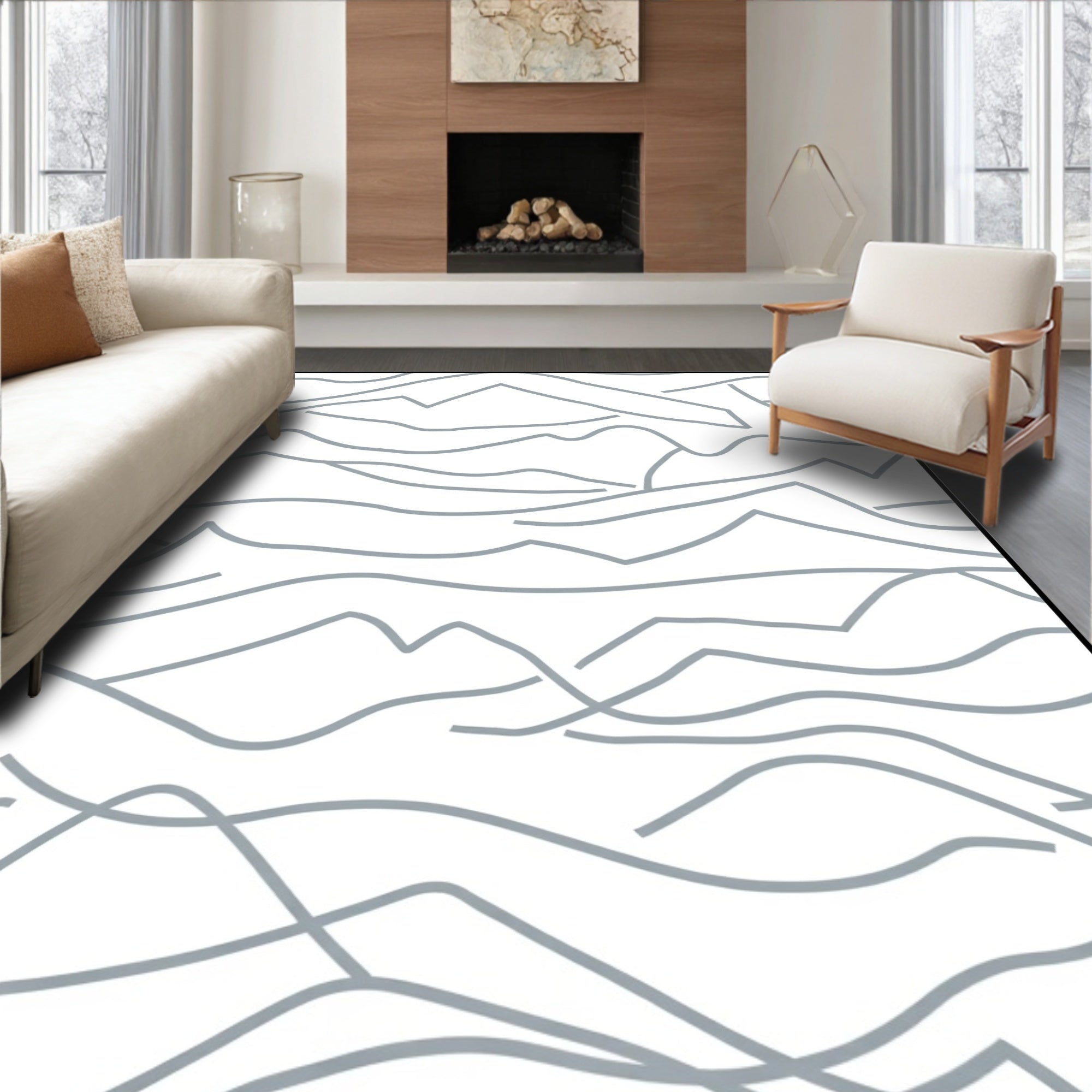 Abstract Grey Wavy Landscape Pattern Rug