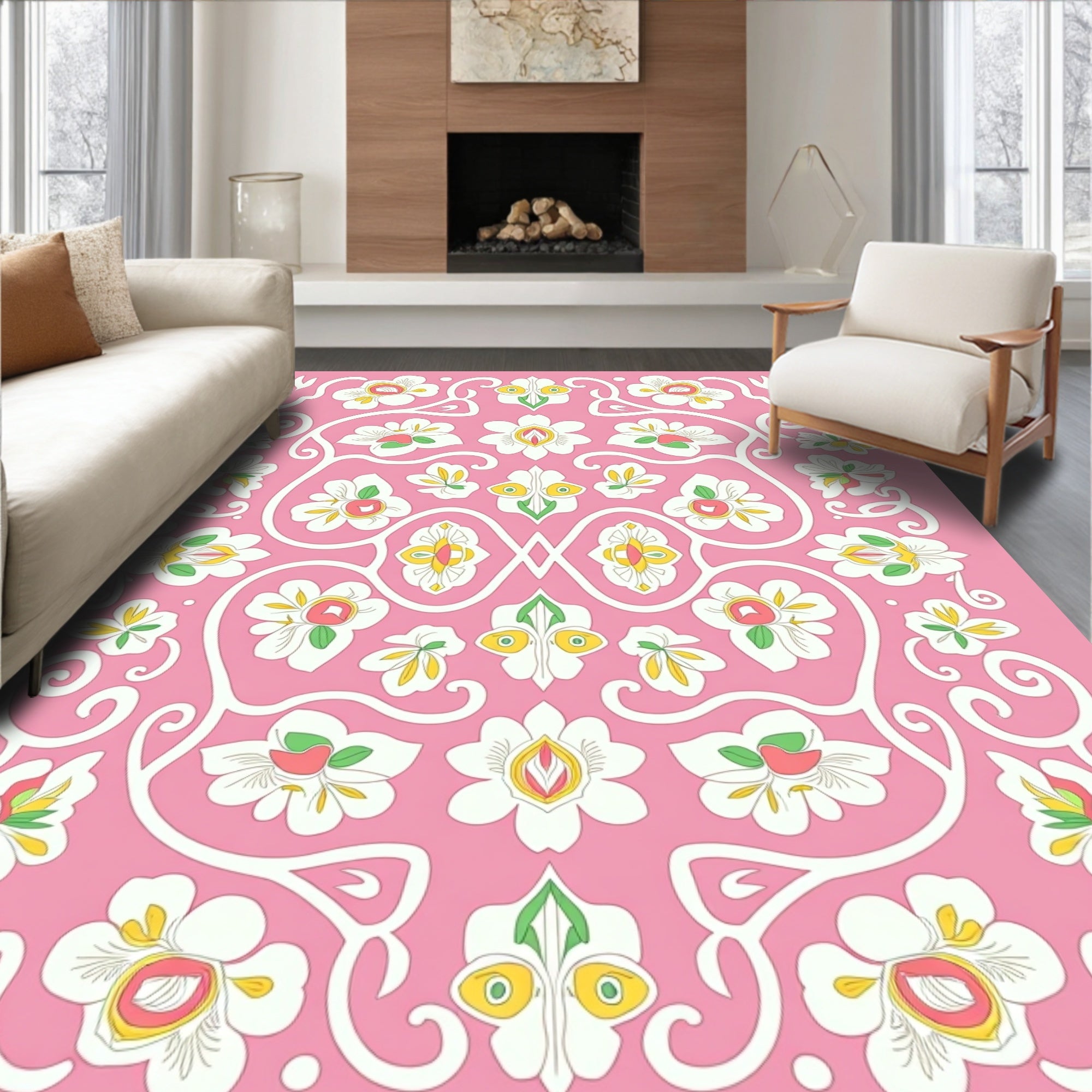 Pink Floral Vines Patterned Rug