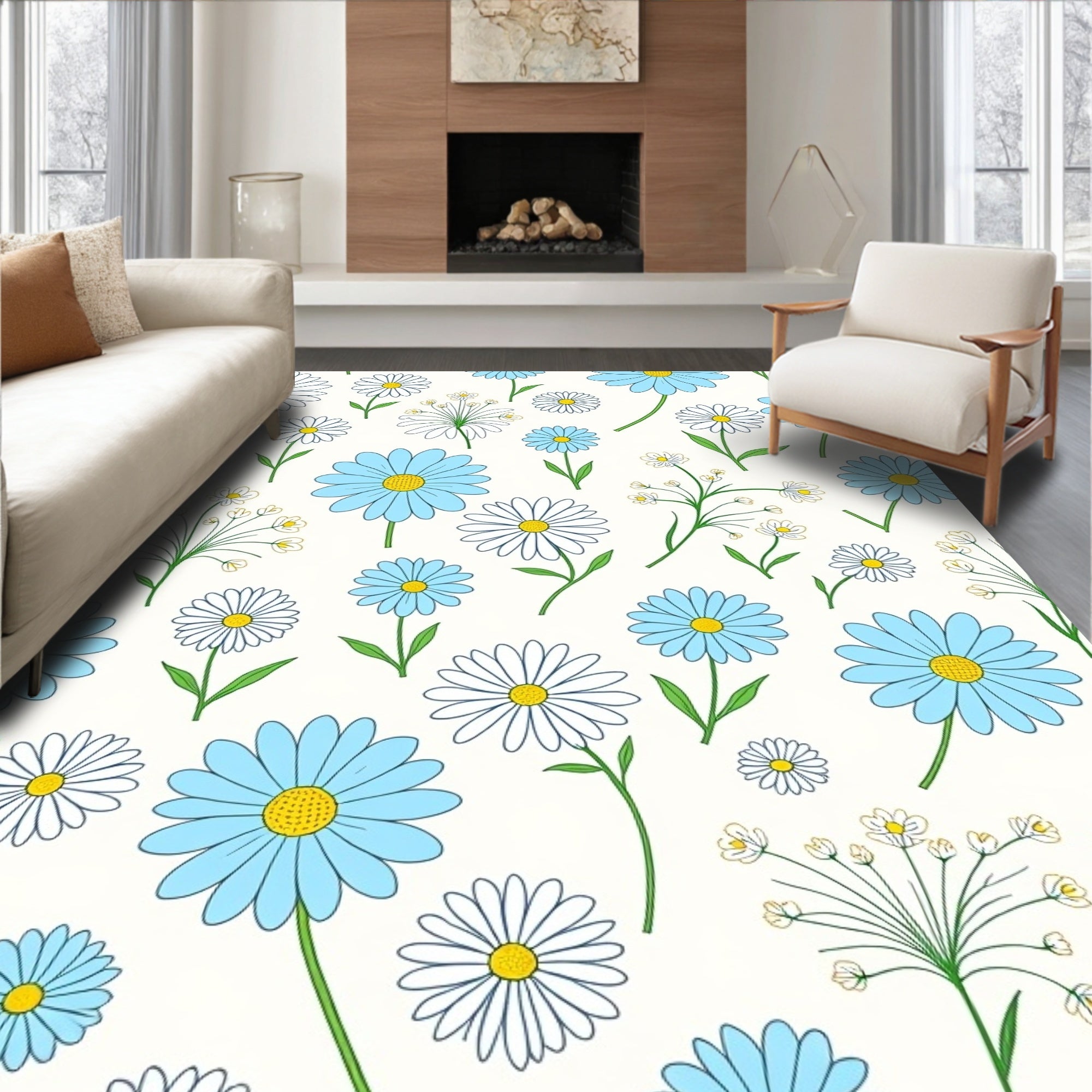 Blue and White Daisy Pattern Rug