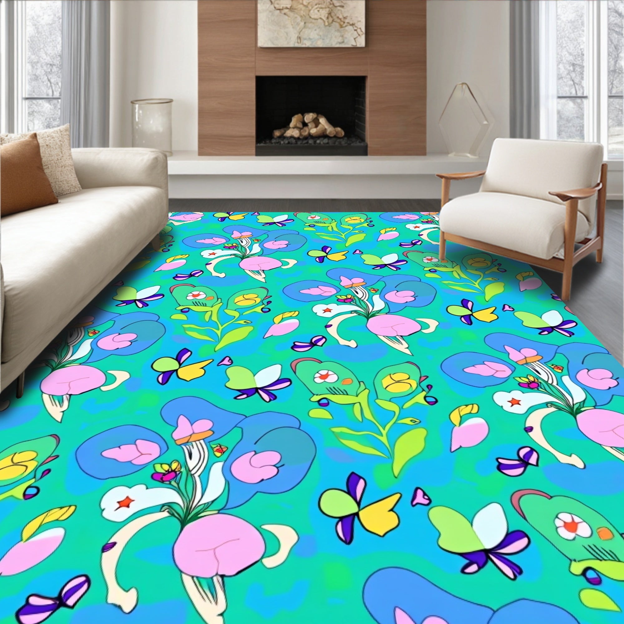 Whimsical Floral Butterfly Pattern Rug