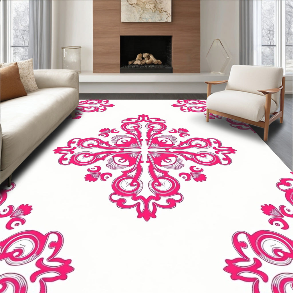 Hot Pink Damask Corner Flourish Rug