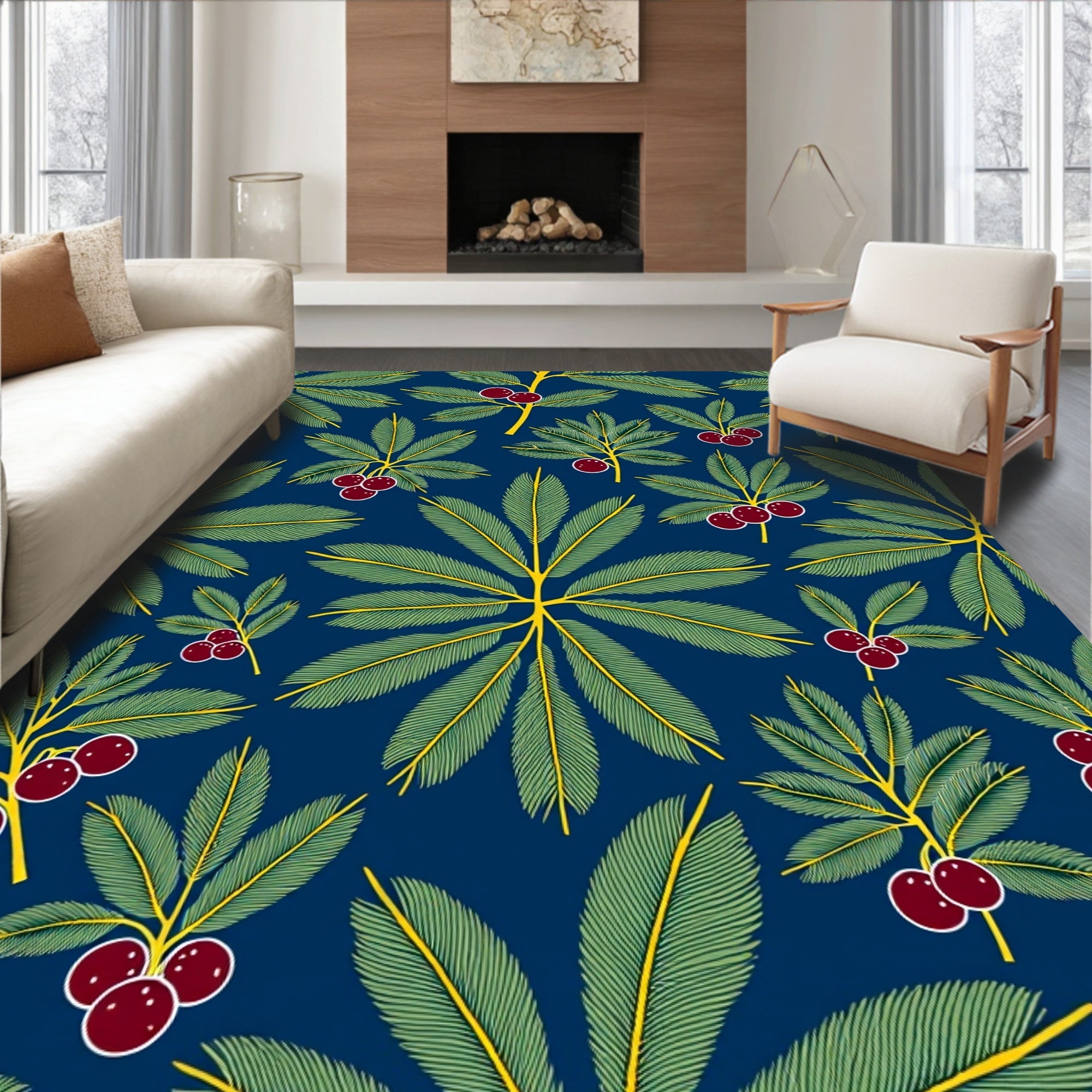 Deep Blue Tropical Berry Leaf Rug