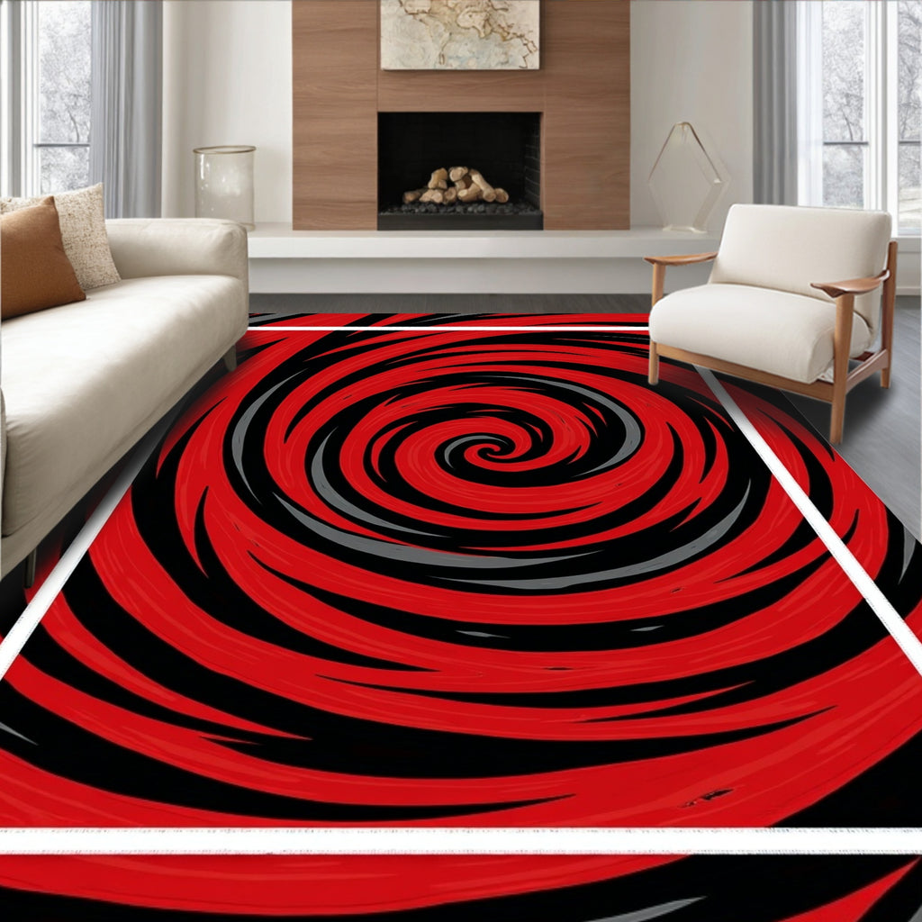 Bold Red Black Swirl Pattern Rug