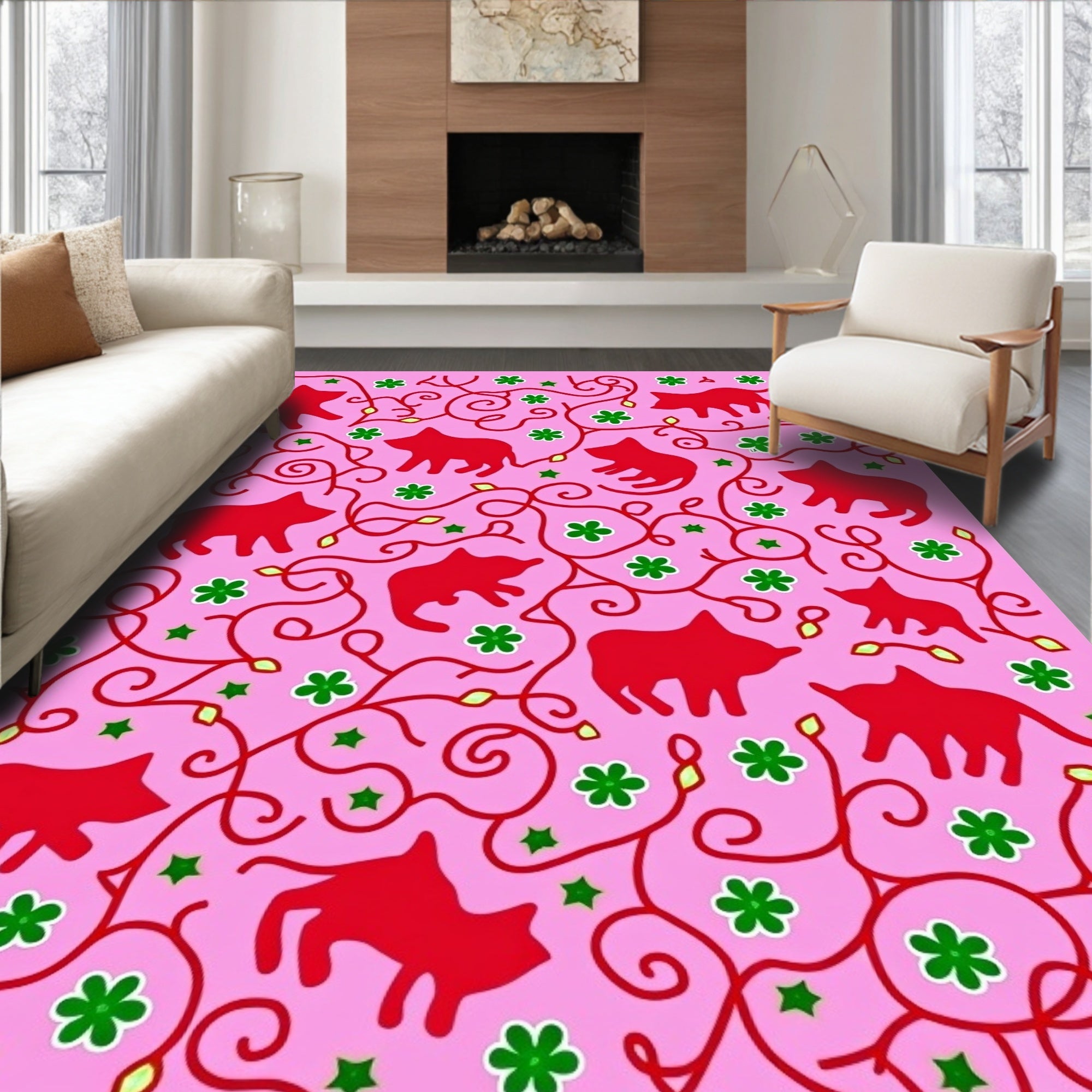 Playful Red Animal Floral Pattern Rug