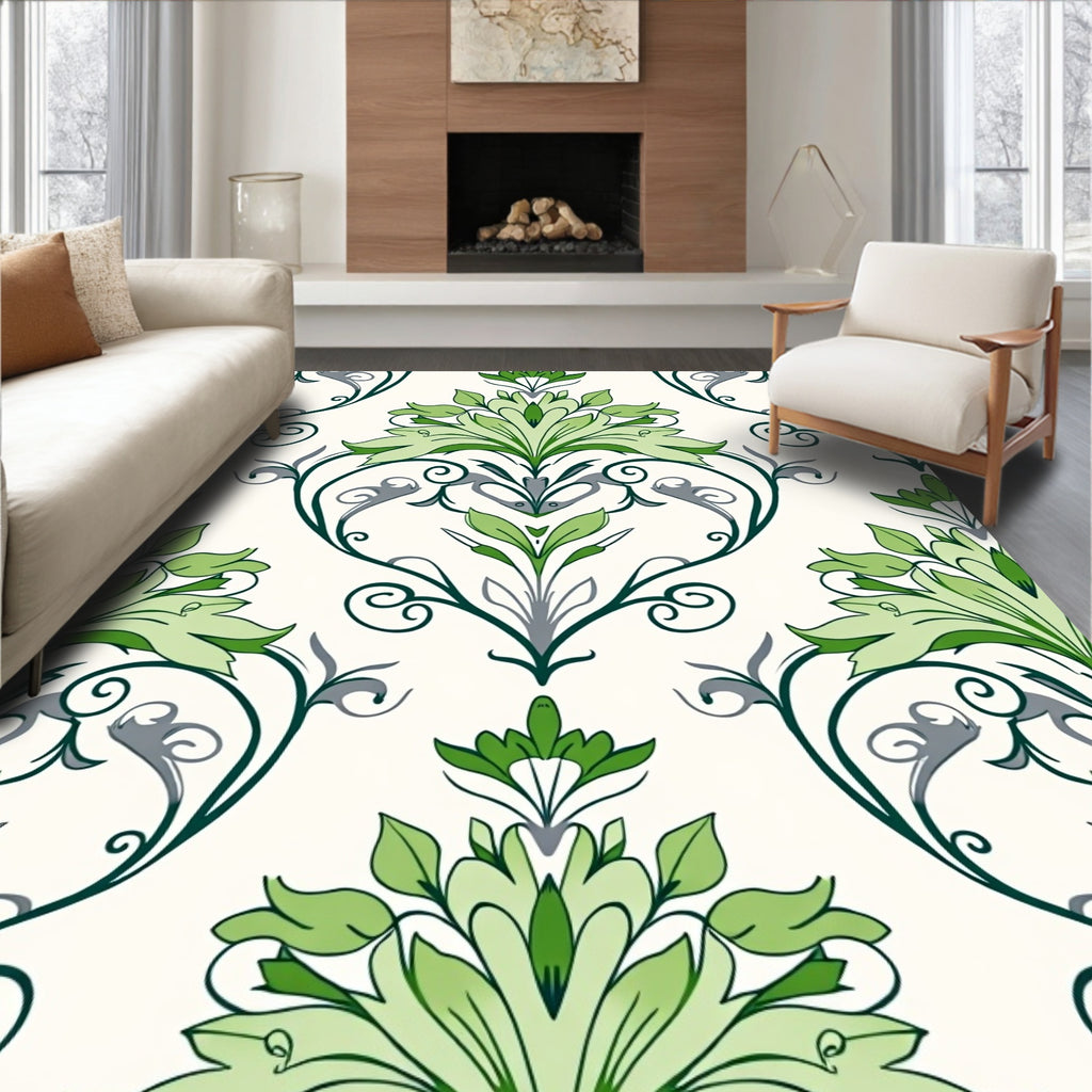Elegant Green Floral Damask Pattern Rug