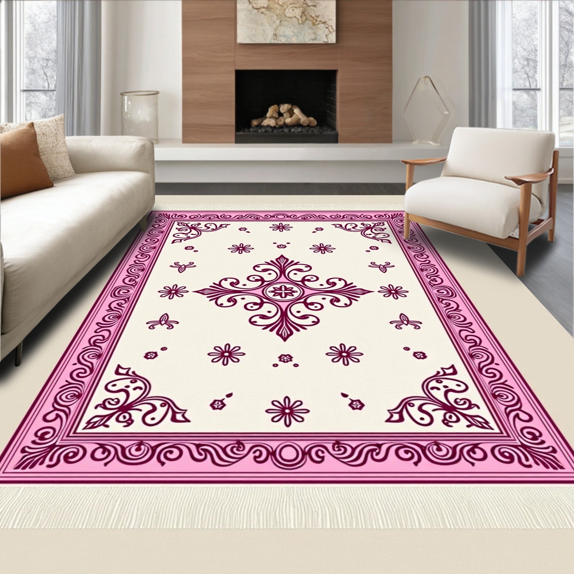 Ornate Crimson Floral Border Rug