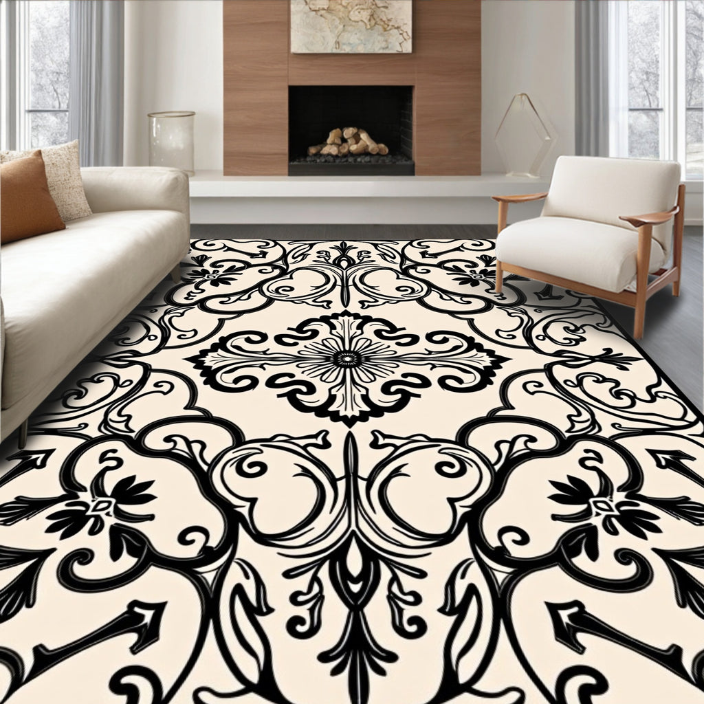 Black Cream Ornamental Scrollwork Rug