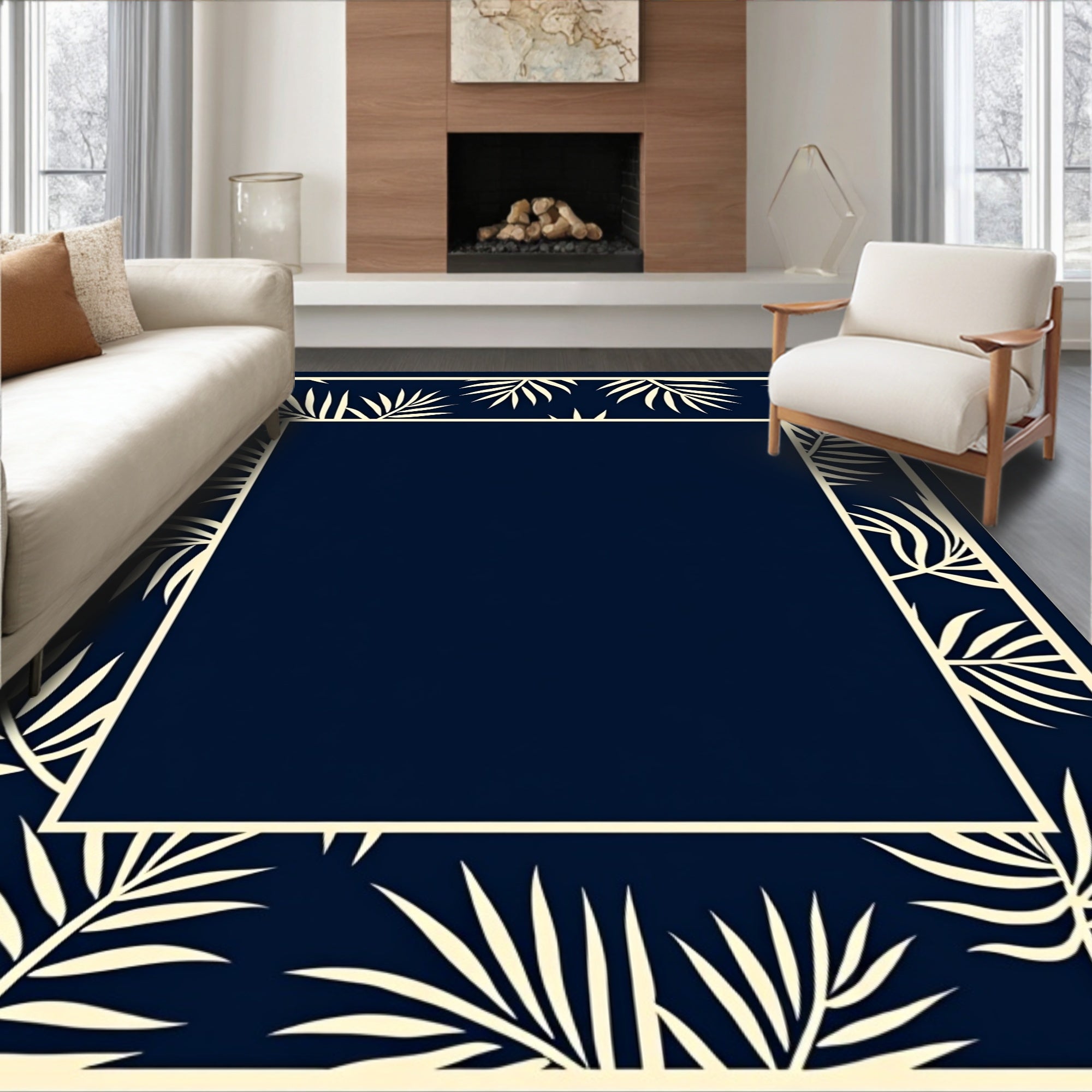 Navy Cream Tropical Leaf Border Rug