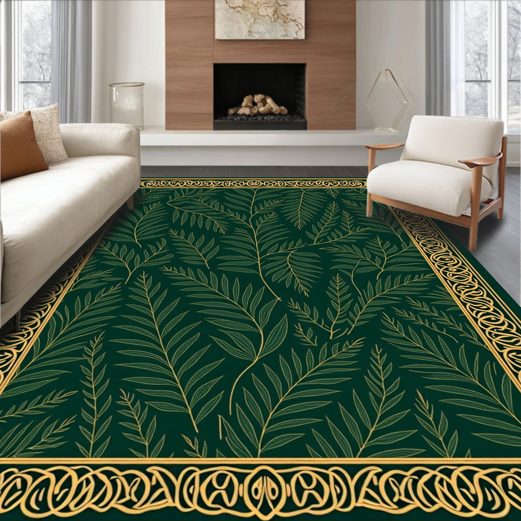 Green Gold Leaf Pattern Border Rug