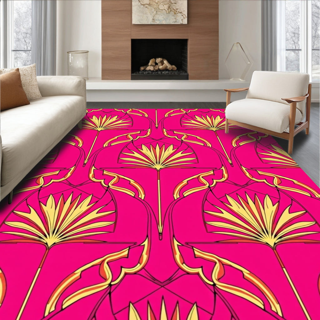 Vibrant Pink Golden Fan Pattern Design Rug