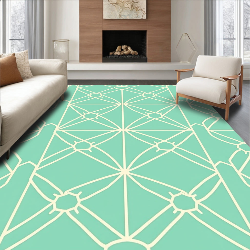 Aqua Cream Geometric Fan Pattern Rug