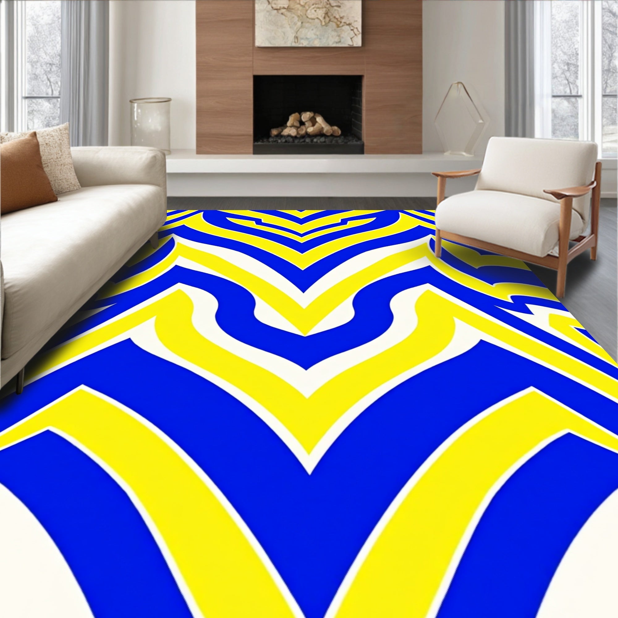 Bold Blue Yellow Wavy Pattern Rug