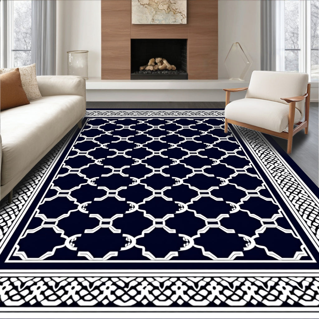 Navy White Interlocking Geometric Pattern Rug