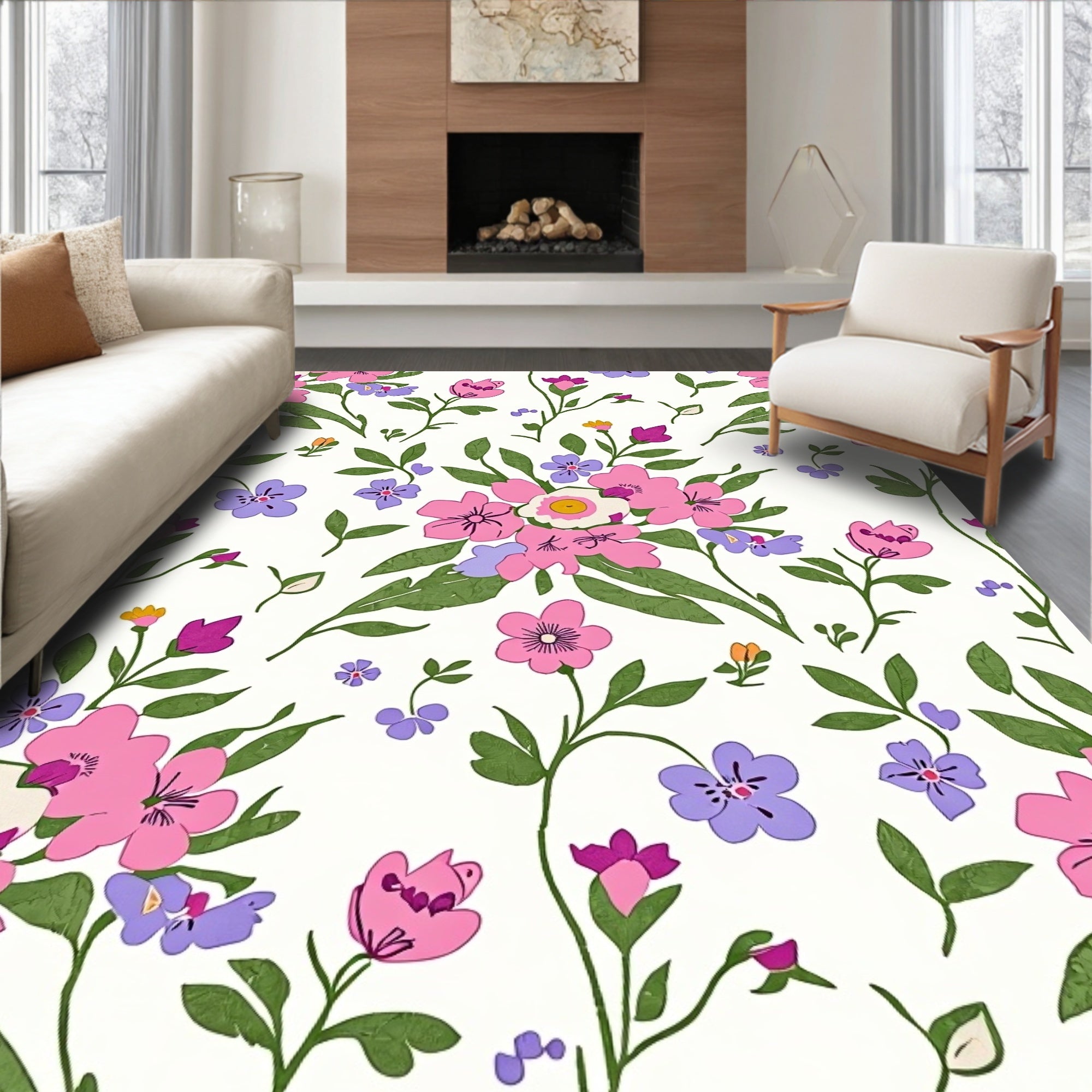Vibrant Pink Purple Floral Pattern Rug