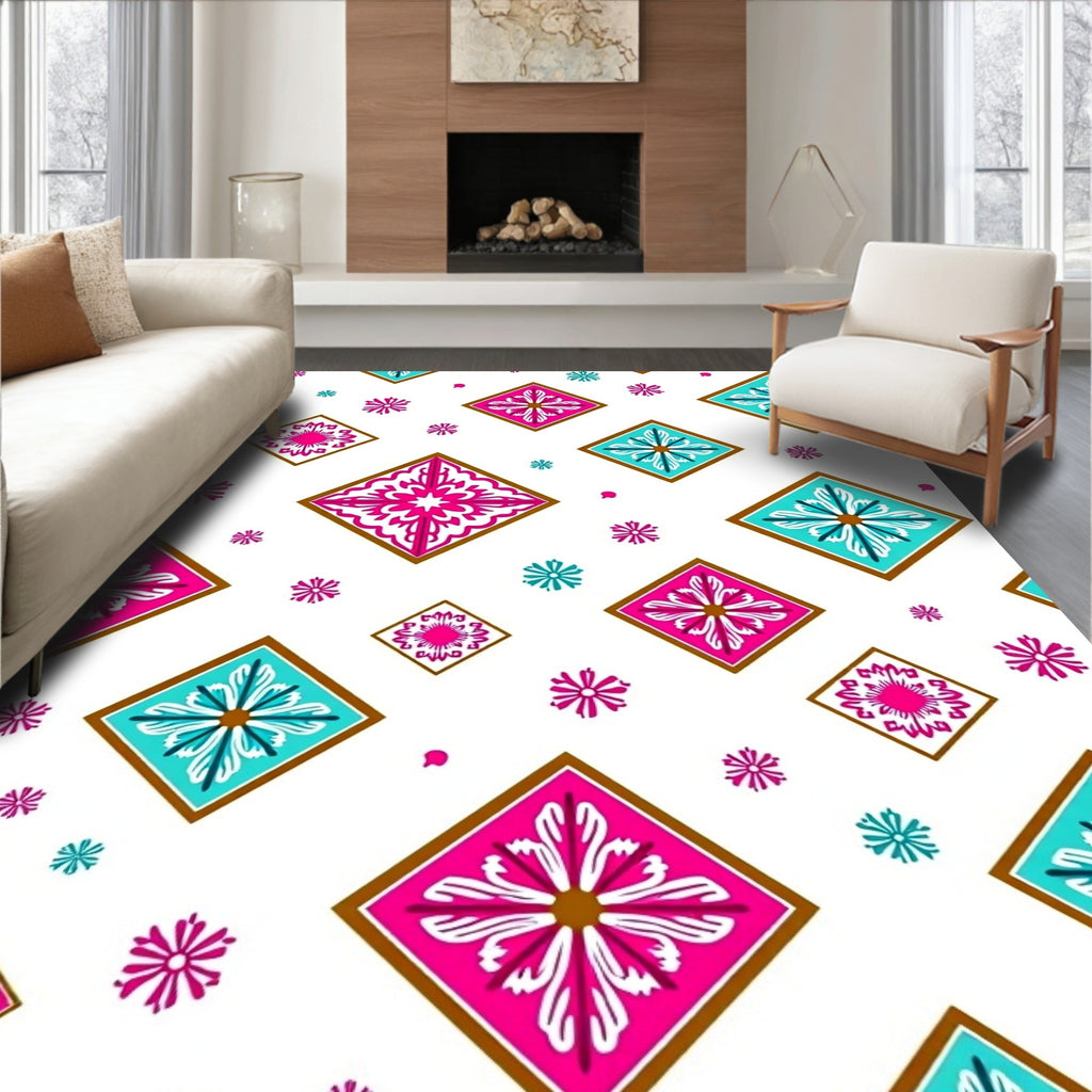 Pink Blue Geometric Tile Rug
