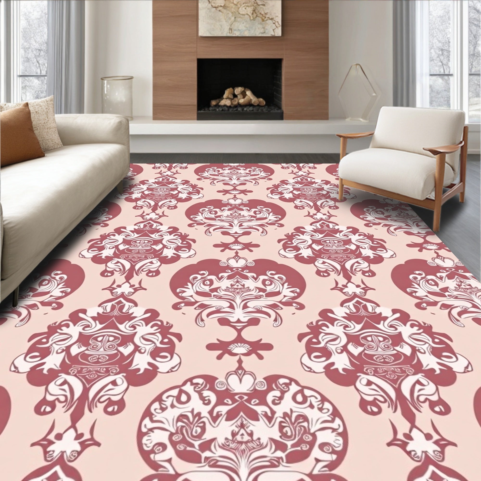 Elegant Crimson Damask Scroll Rug