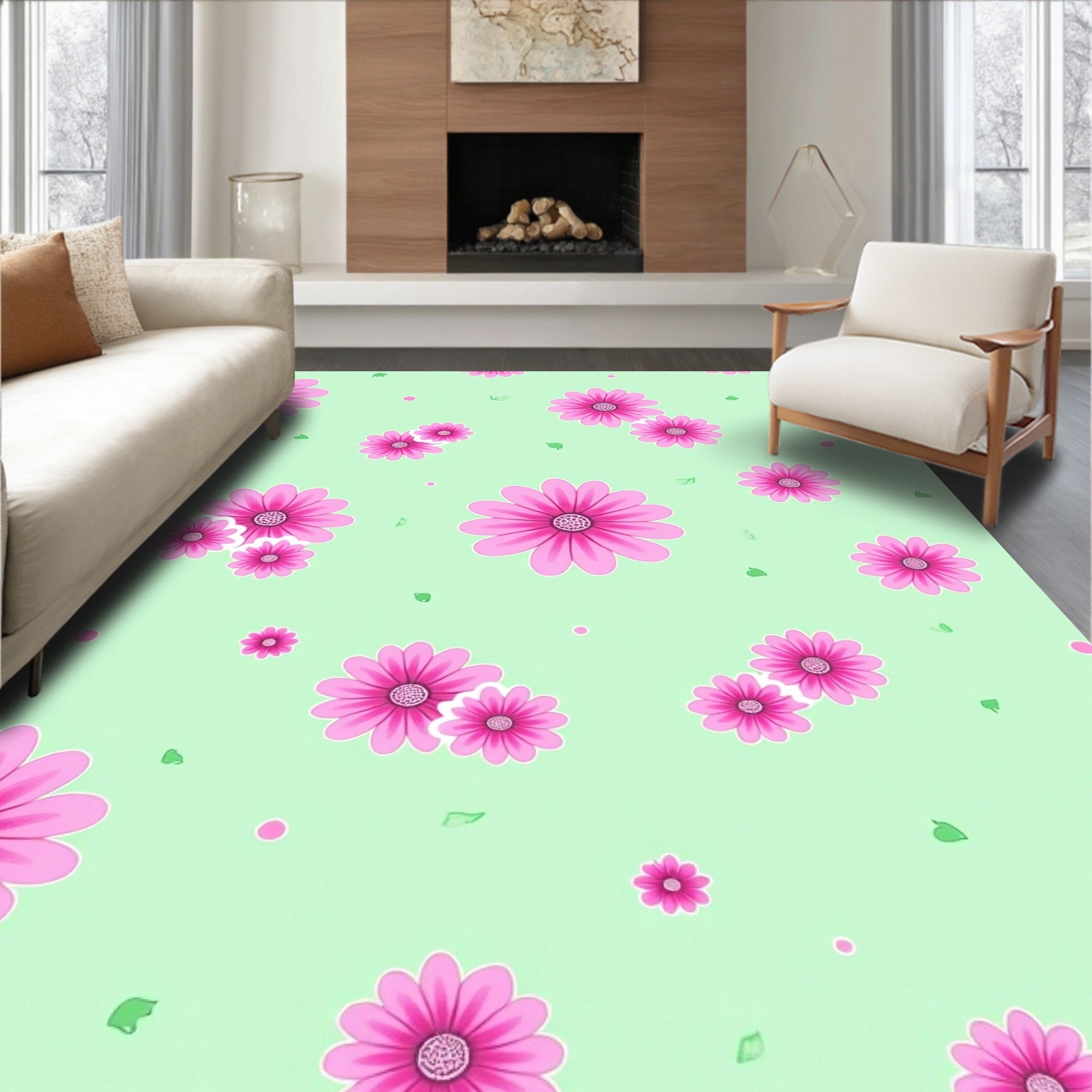 Pink Daisy Floral Pattern Rug