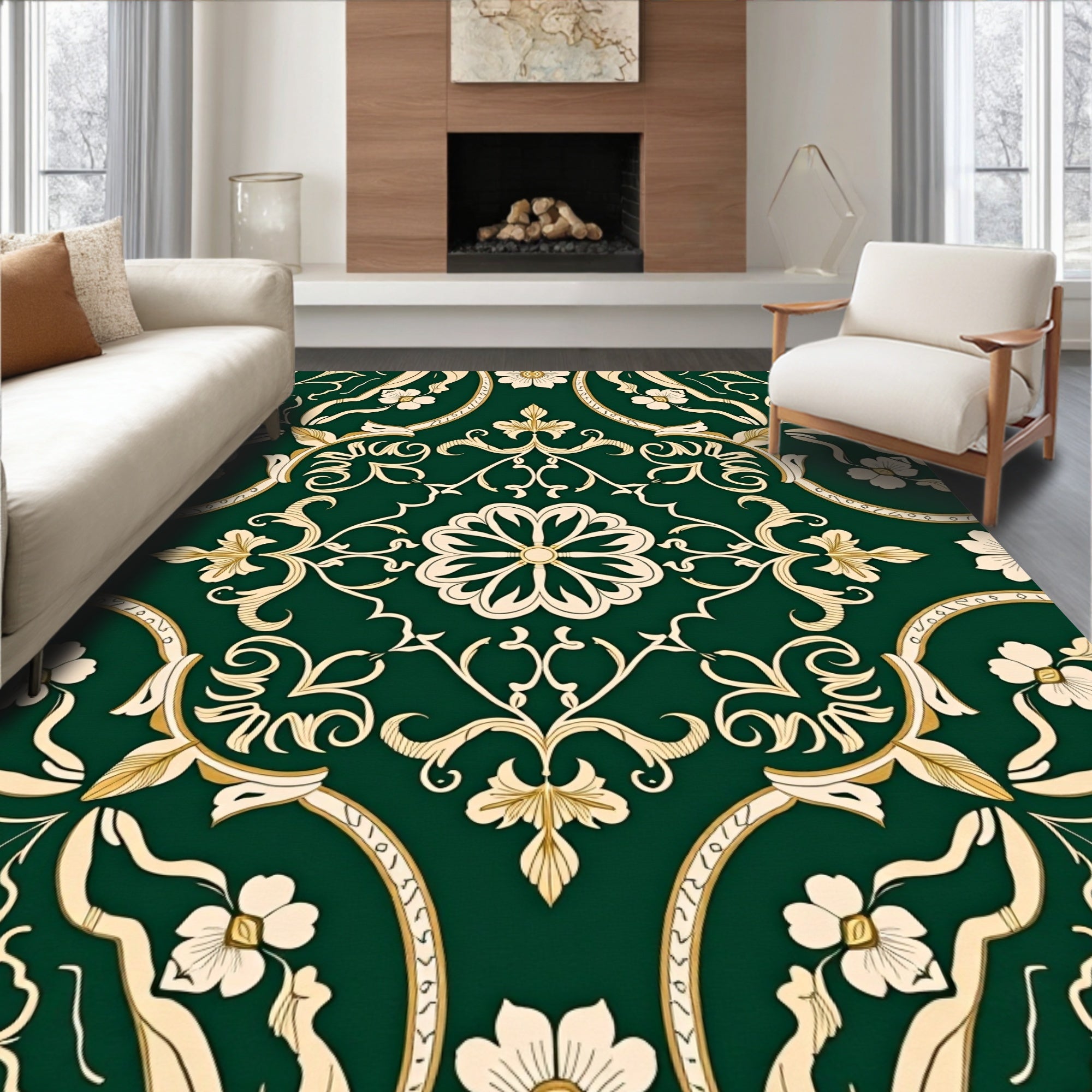 Emerald Ivory Floral Medallion Vine Rug