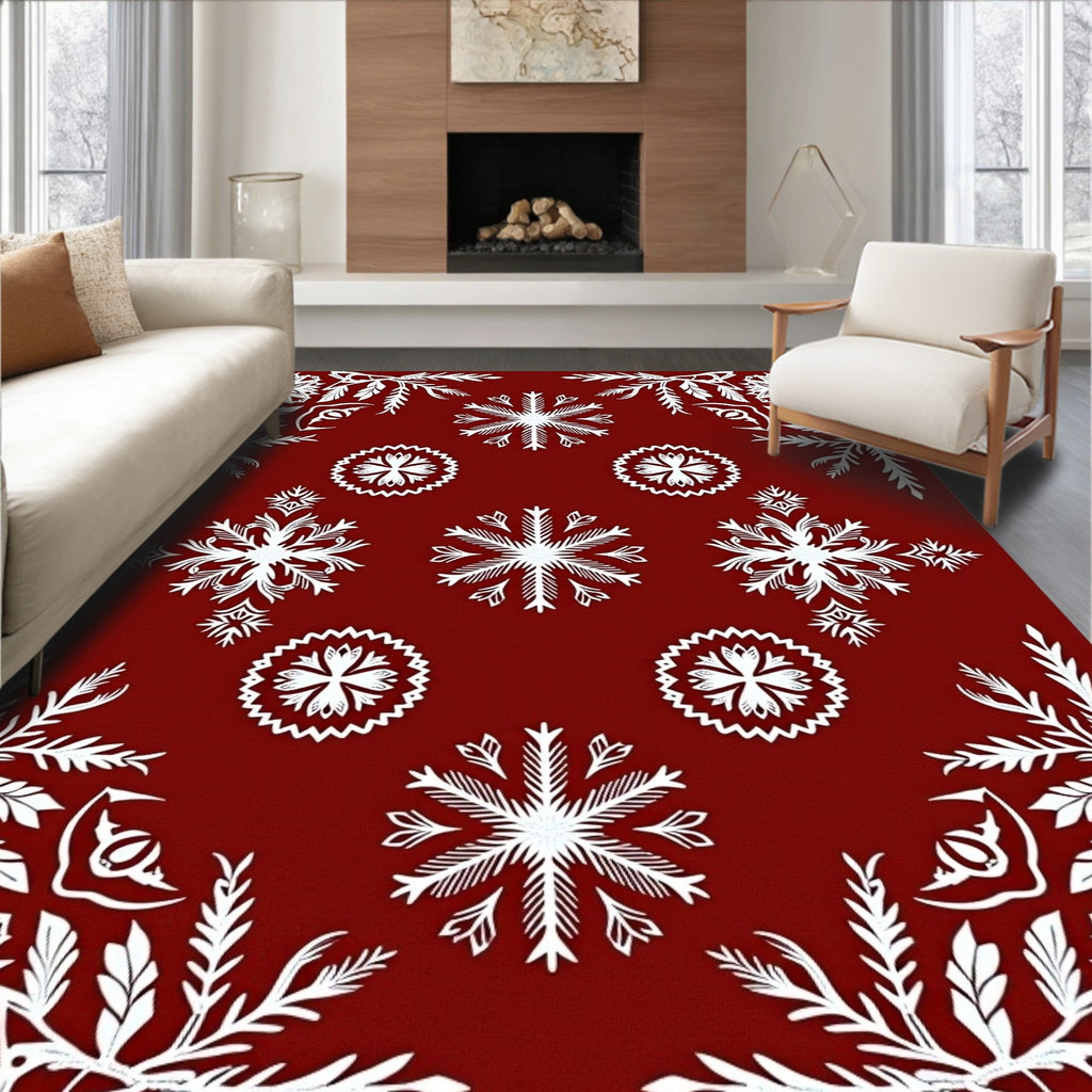 White Snowflake Patterned Red Rug