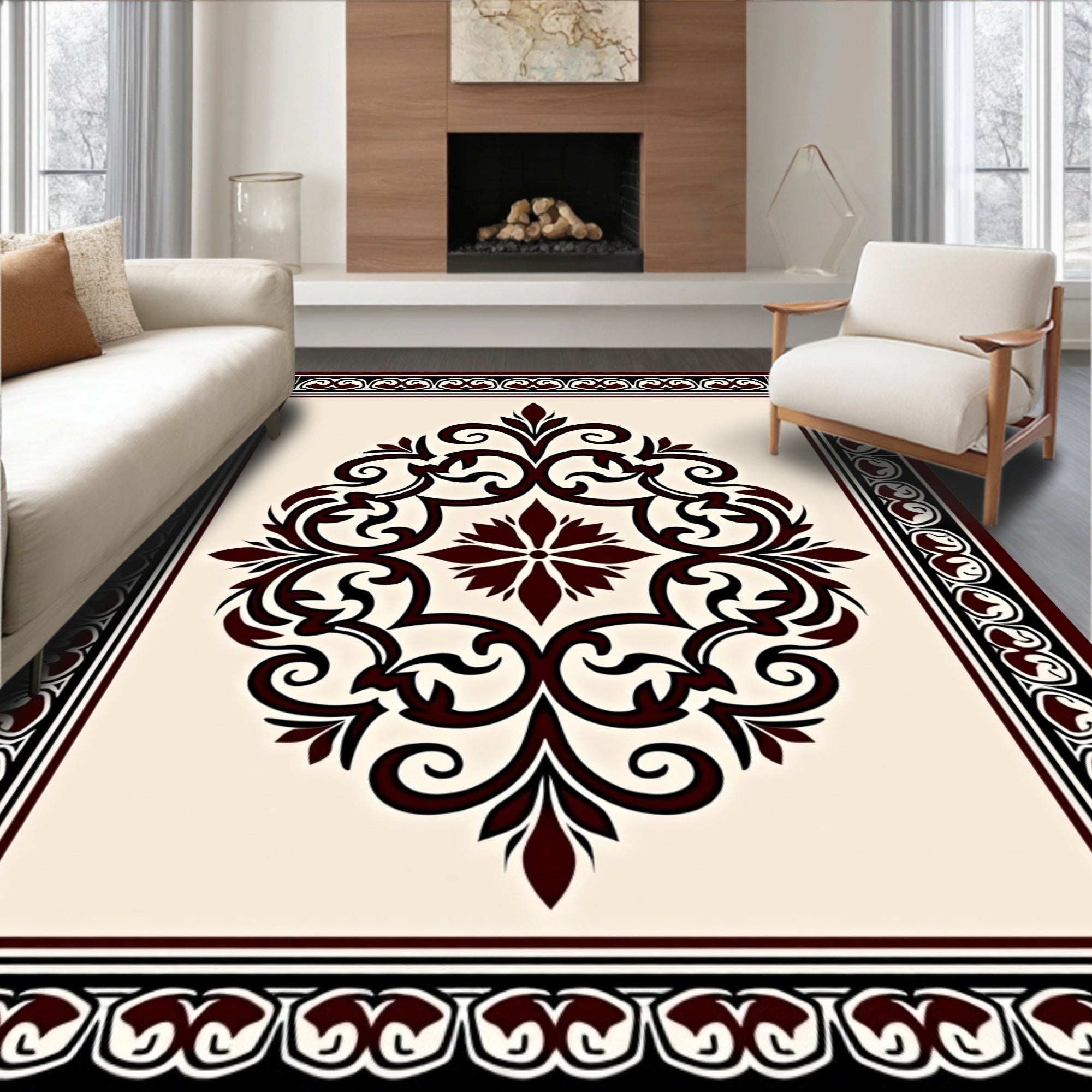 Elegant Dark Red Floral Scrollwork Rug