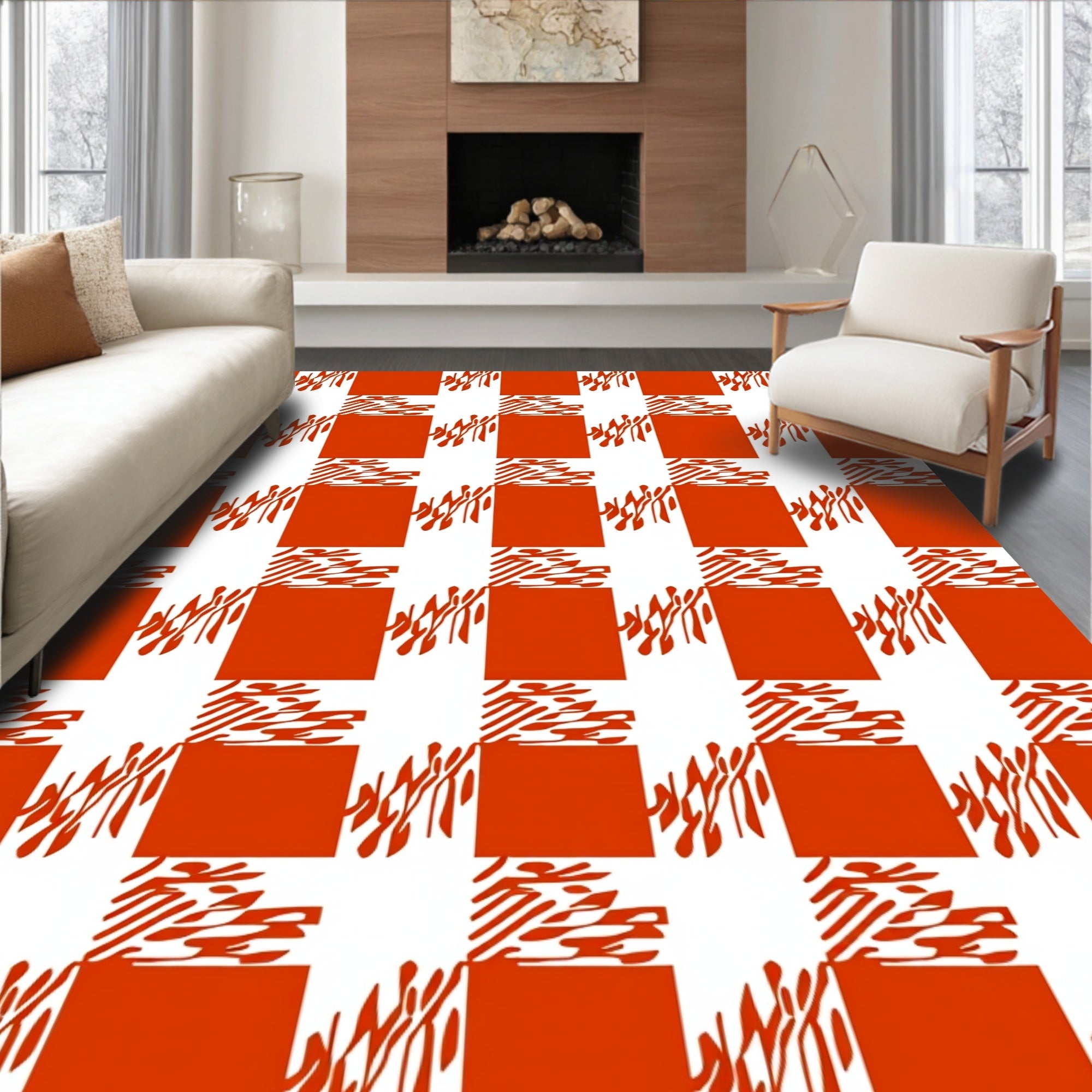 Orange Checkerboard Abstract Shape Rug