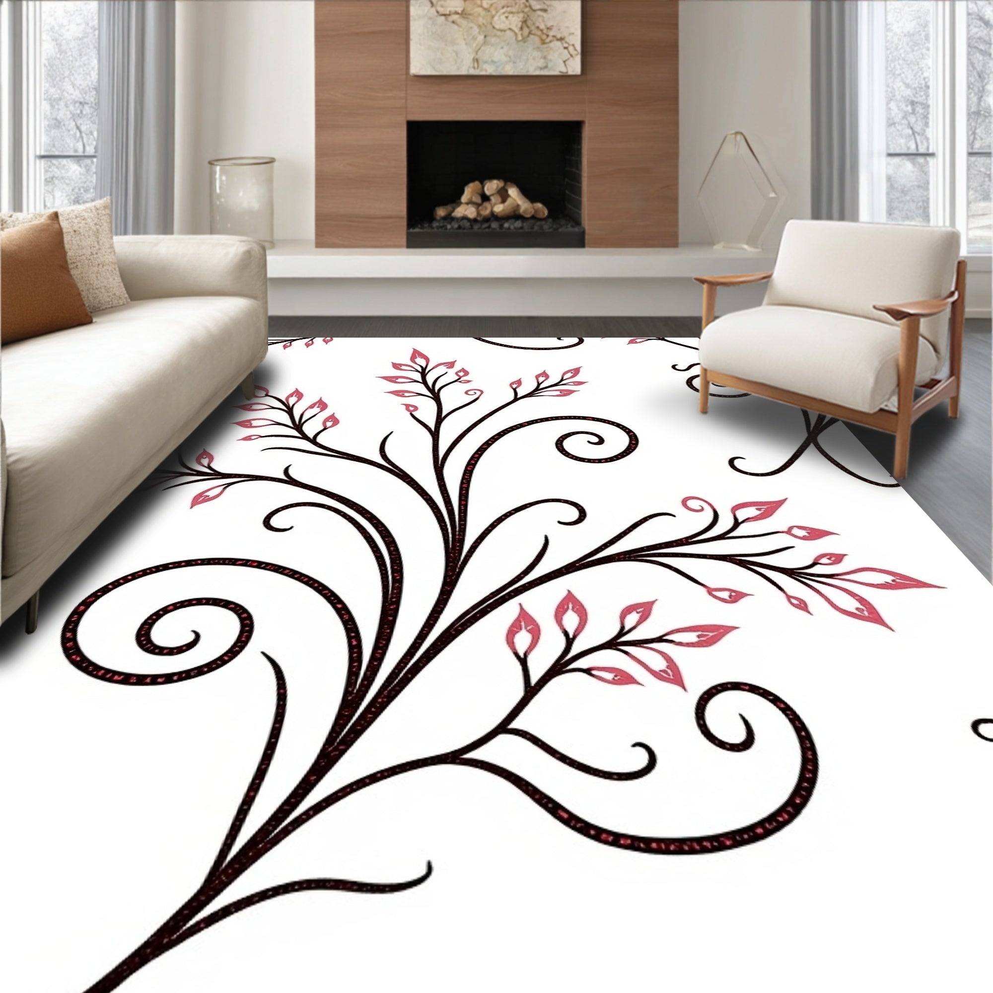 Elegant Swirl Floral Leaf Pattern Rug