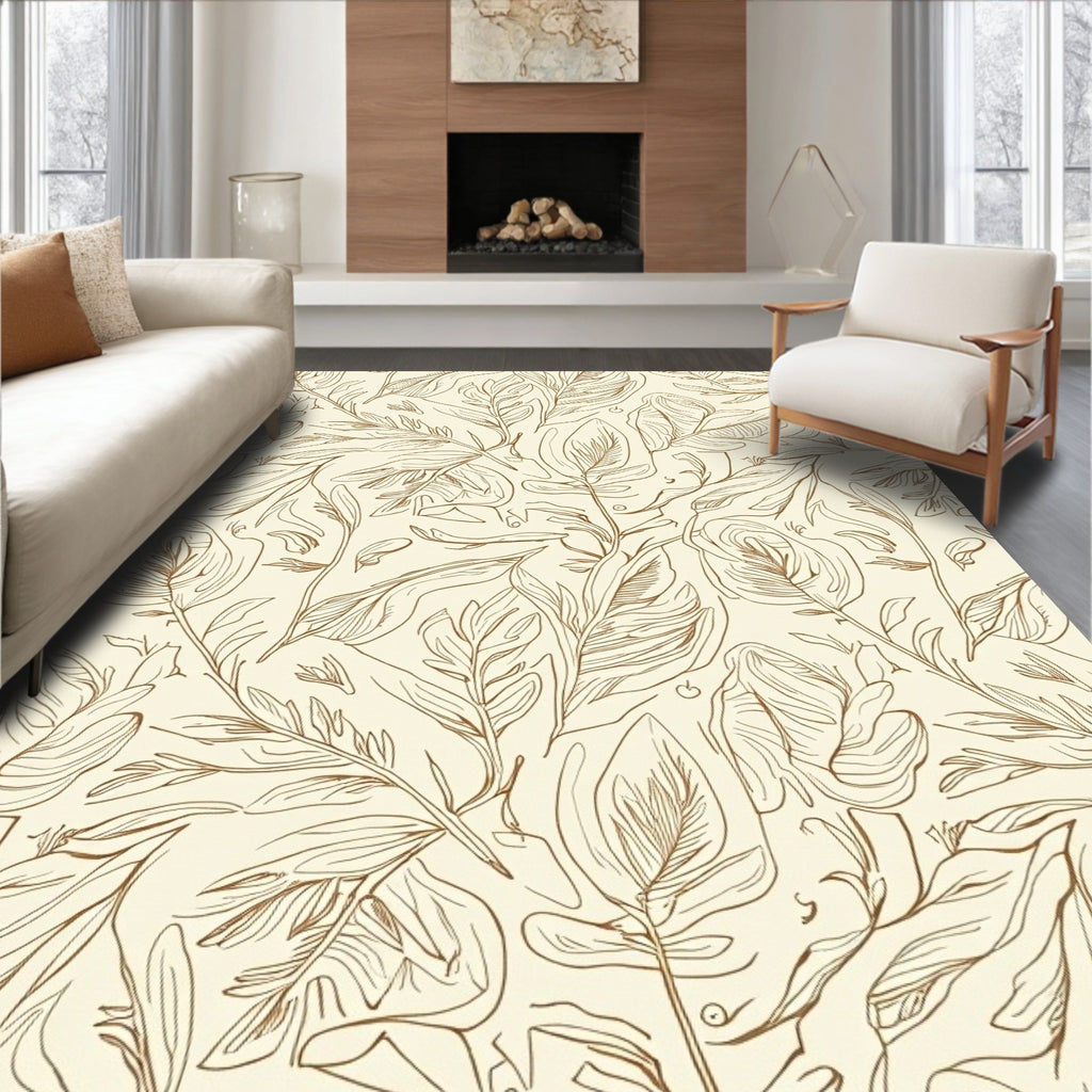 Botanical Line Art Leaves Pattern Rug