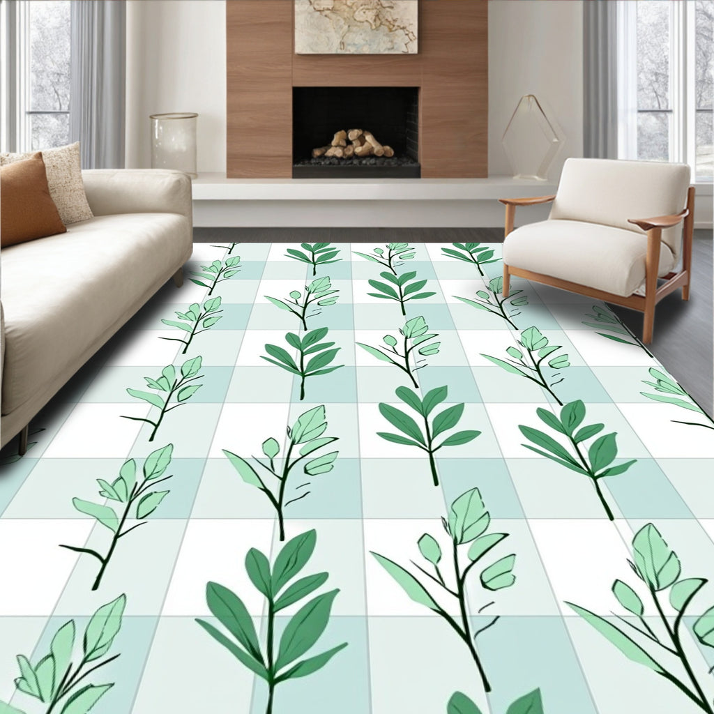 Green Leaf Twig Grid Pattern Rug