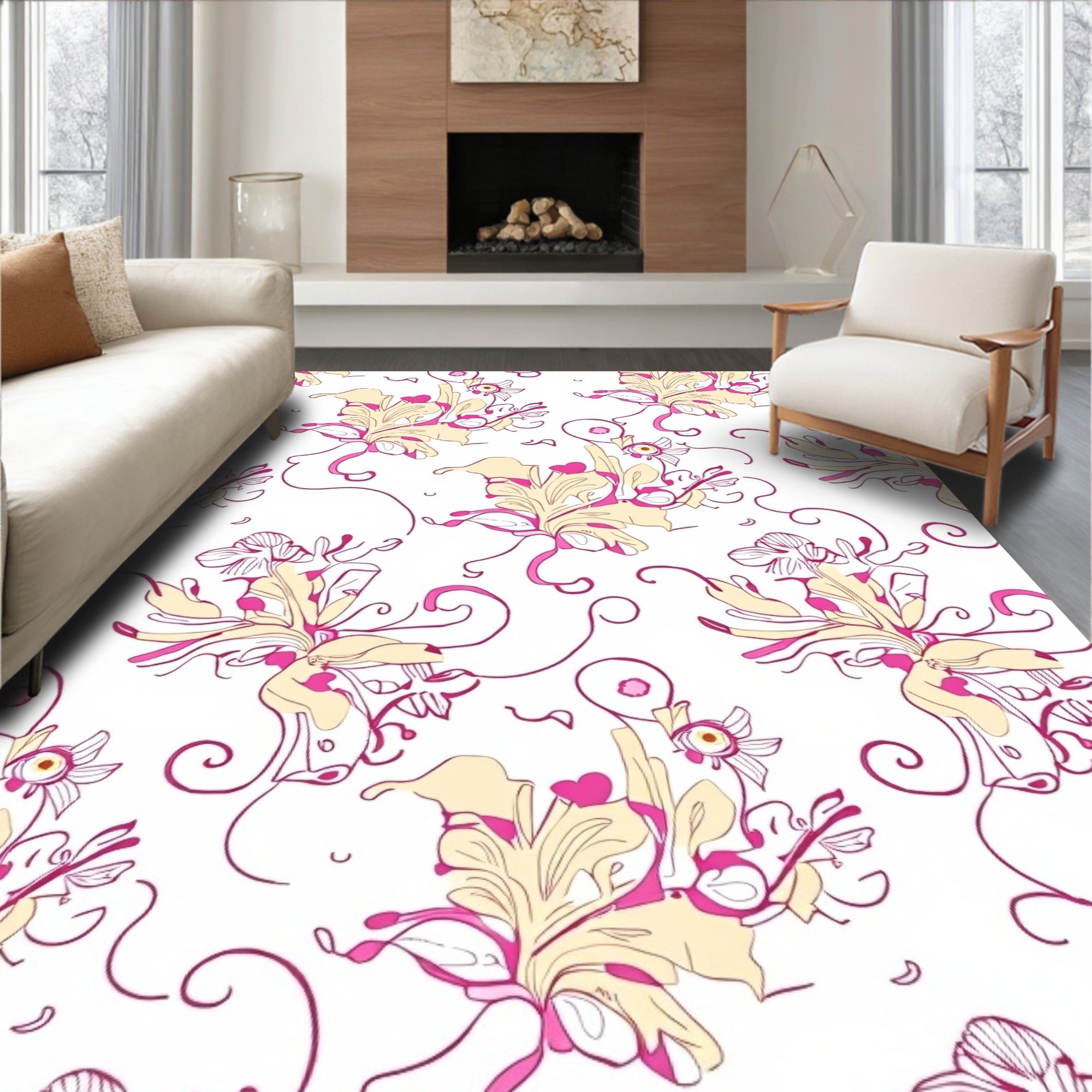 Pink Cream Floral Swirl Design Rug