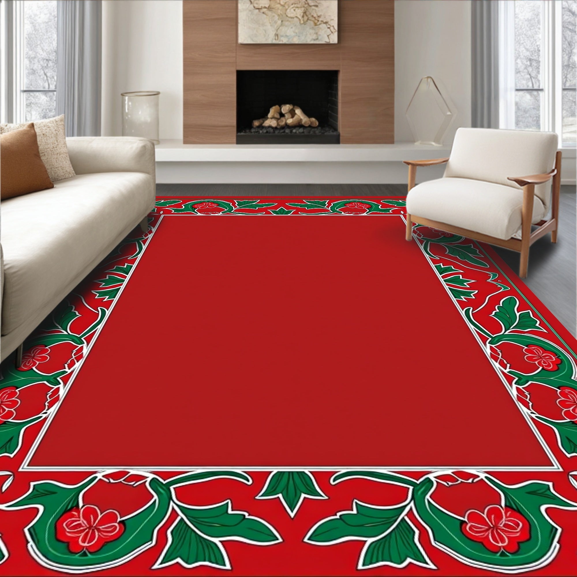 Victorian Floral Red and Green Border Rug