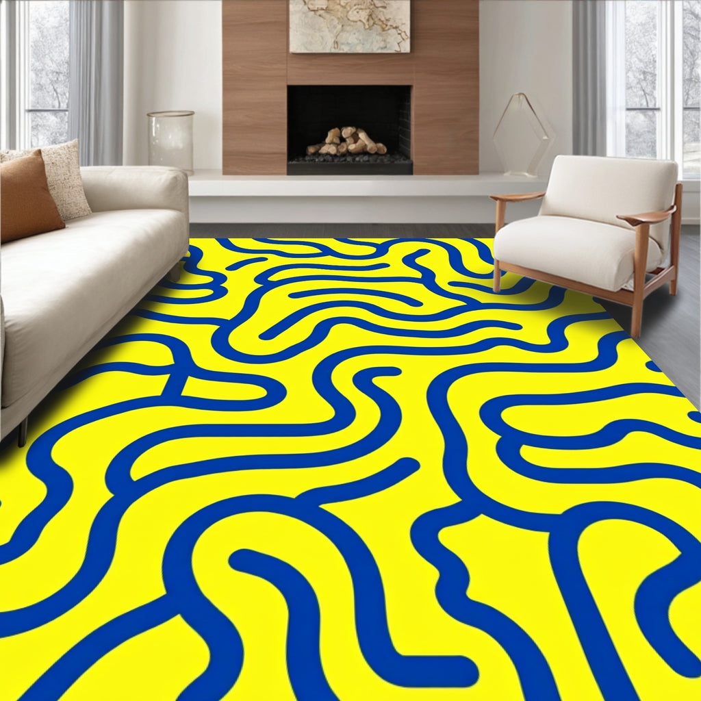 Bold Blue Line Abstract Bright Rug