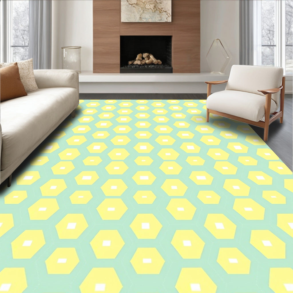 Modern Geometric Hexagonal Yellow Teal Rug