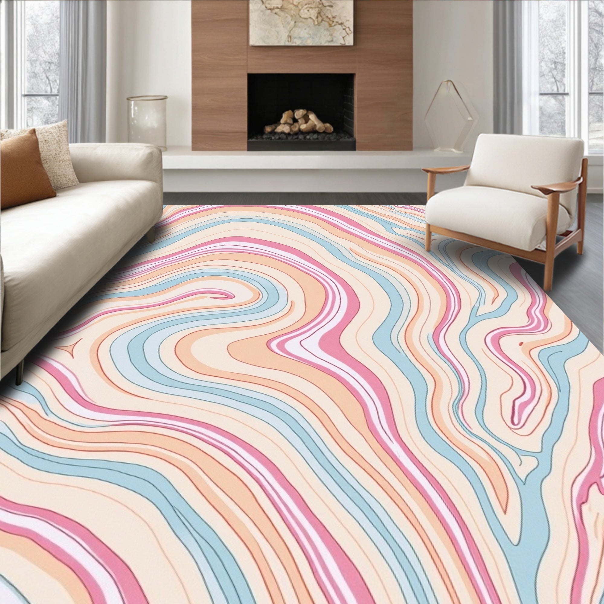 Wavy Light Stripes Abstract Rug
