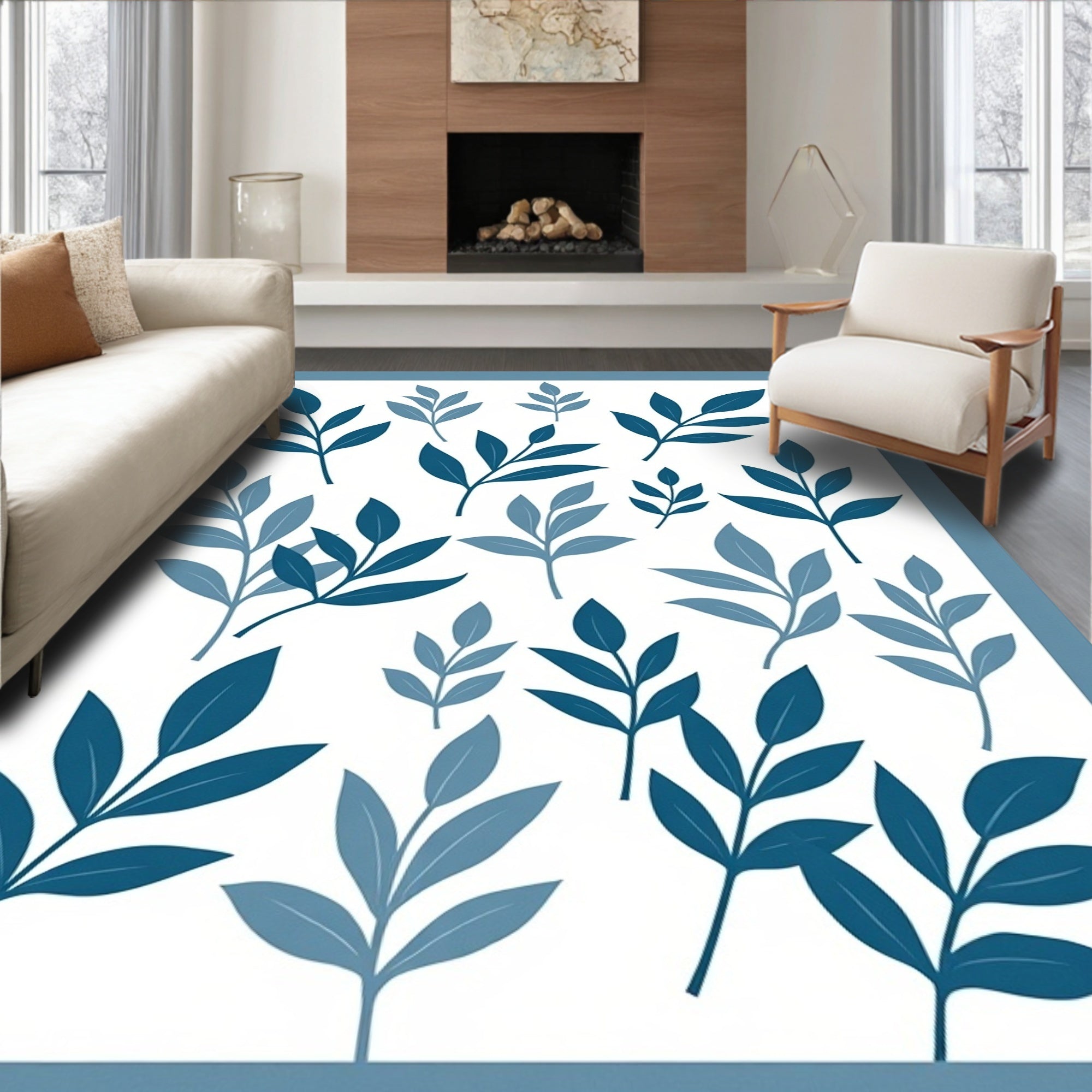 Blue Leaf Branch Pattern Area Rug