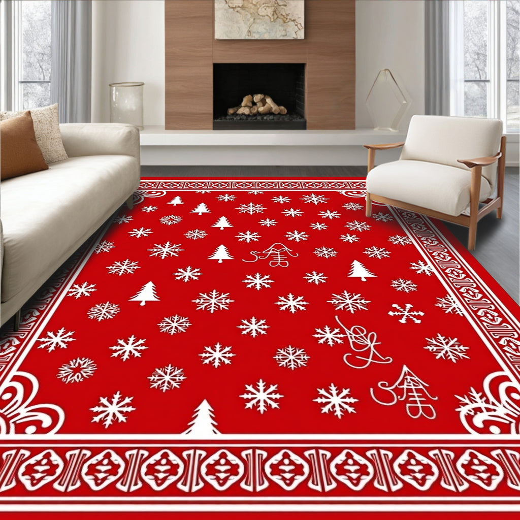 Red White Snowflake Christmas Tree Border Rug