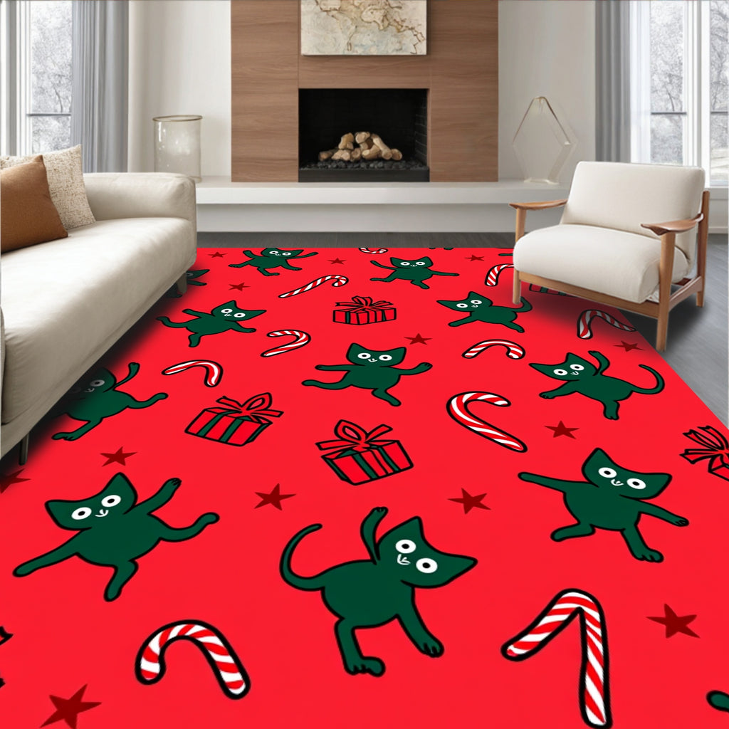 Whimsical Green Cats Candy Cane Pattern Rug