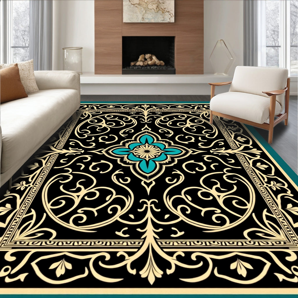 Ornate Black Gold Floral Scrollwork Rug