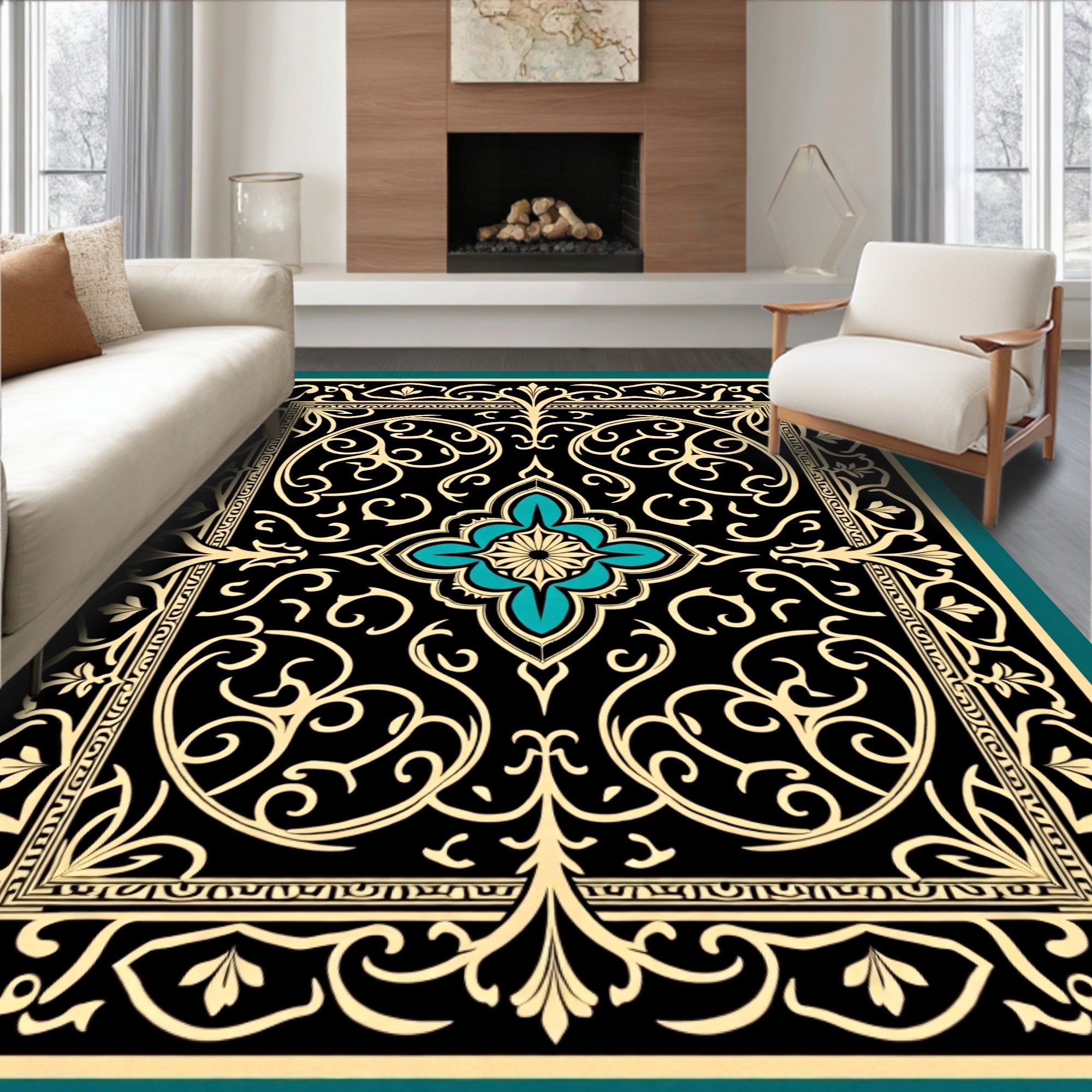 Ornate Black Gold Floral Scrollwork Rug