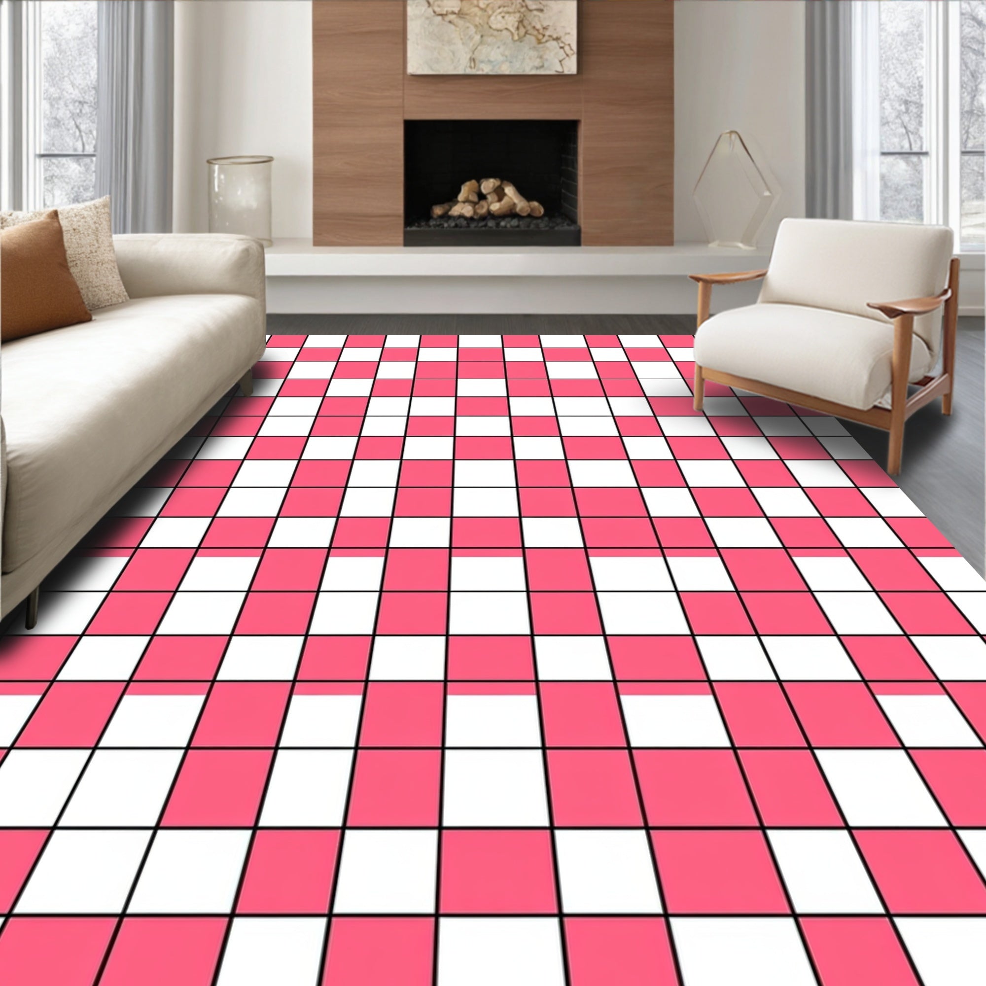 Pink And White Checkered Grid Pattern Rug