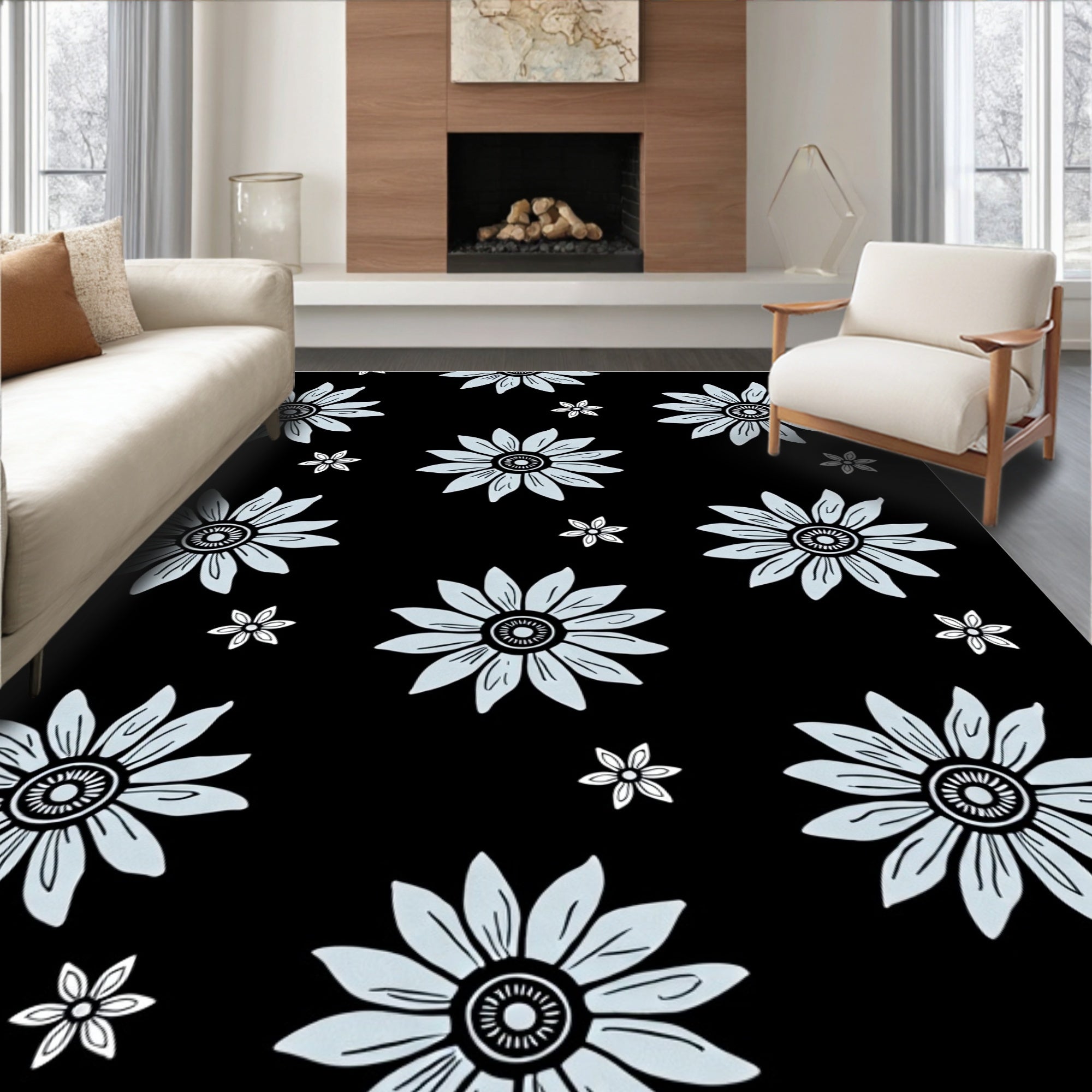 Black Pale Blue Floral Pattern Rug