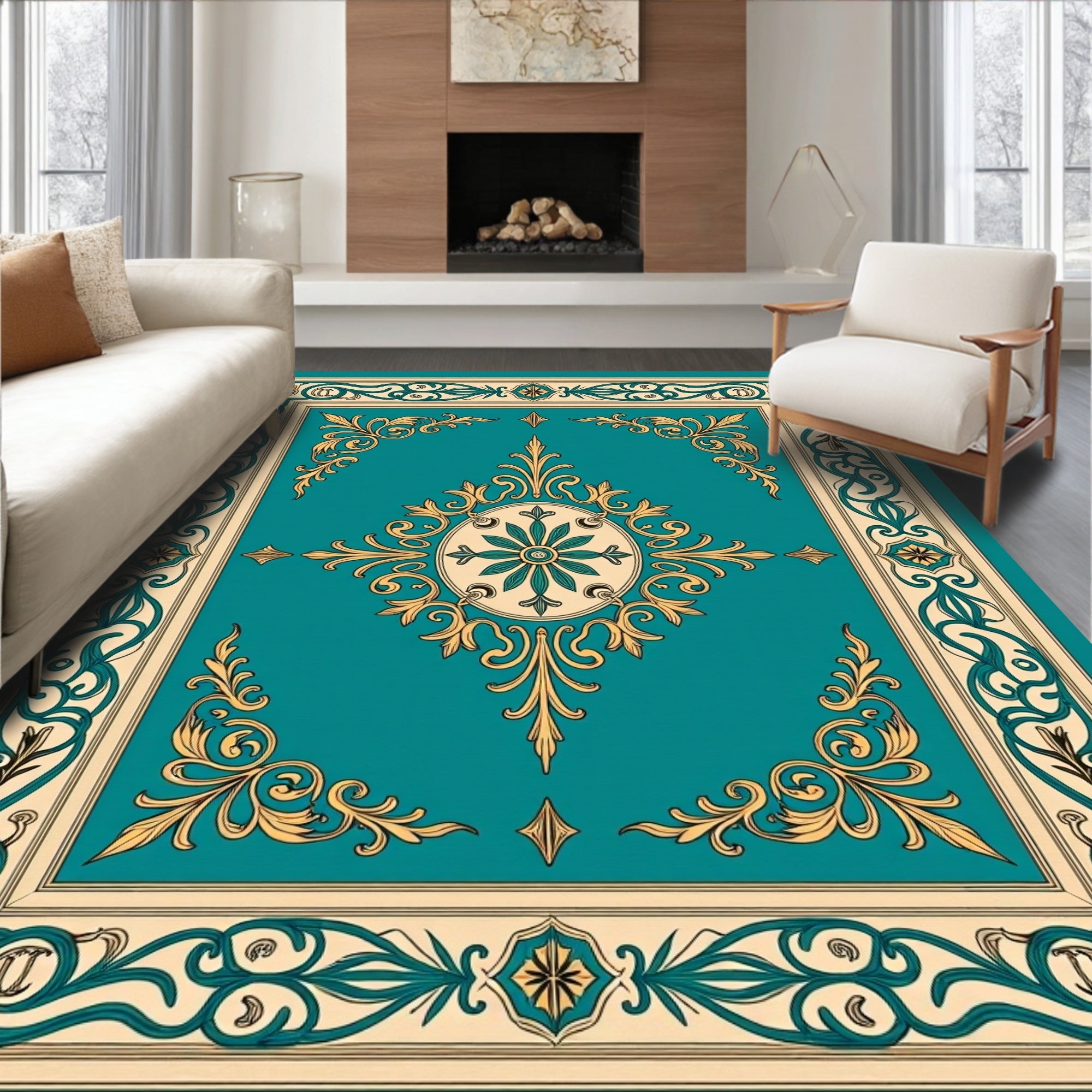 Ornate Teal Gold Scrollwork Pattern Rug