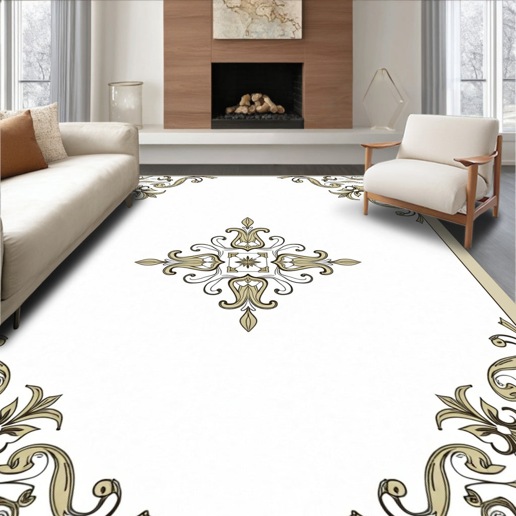 Golden Baroque Floral Scroll Pattern Rug