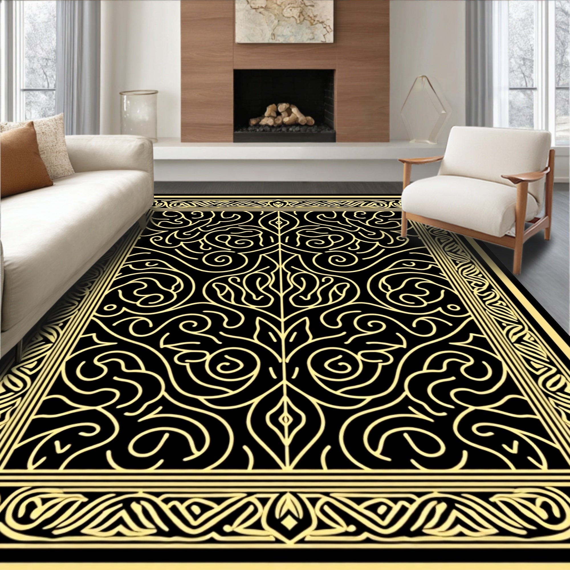 Intricate Black and Gold Floral Scroll Rug